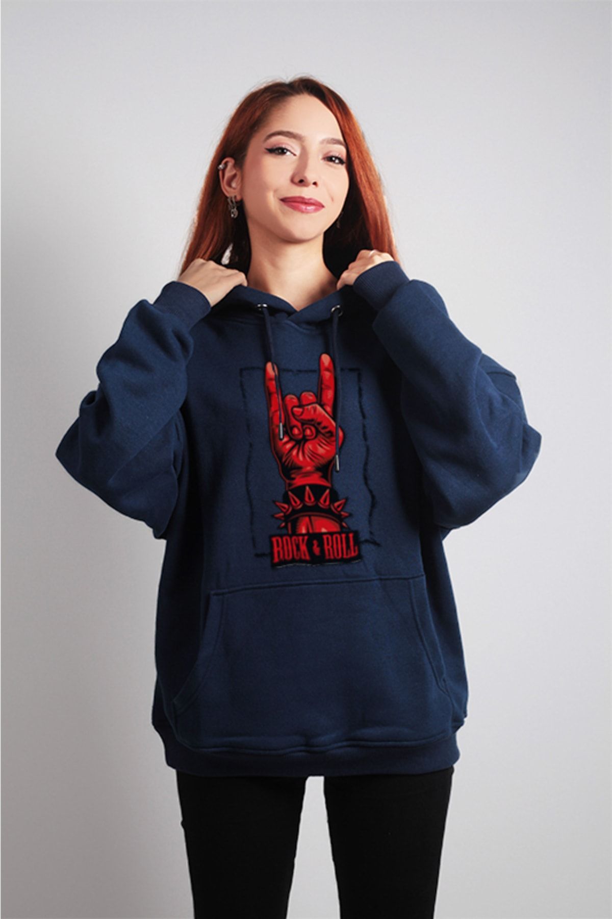 to COSMOS Unisex Oversize Hoodie Rock And Roll Themed Navy Blue
