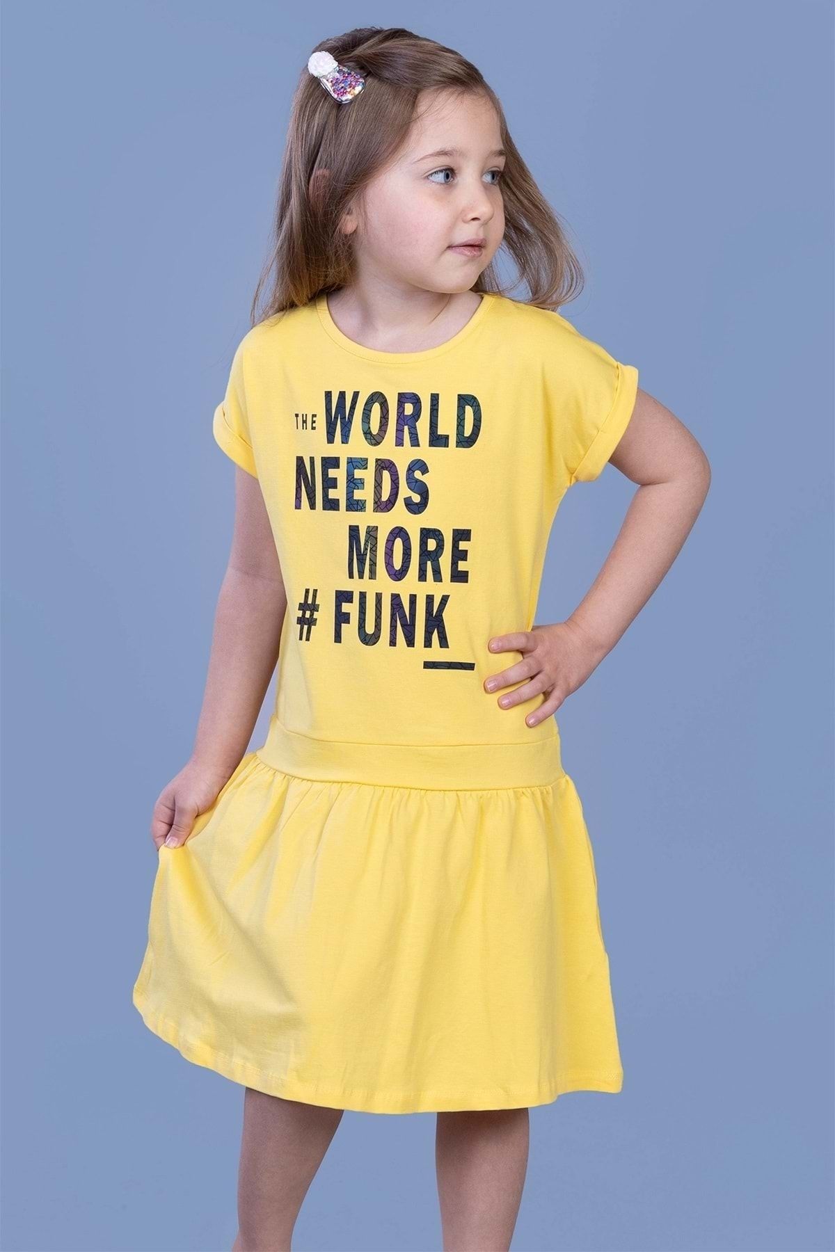 Toontoy Kız Çocuk Sarı Renkli Yazı Baskılı Büzgü Detaylı Elbise