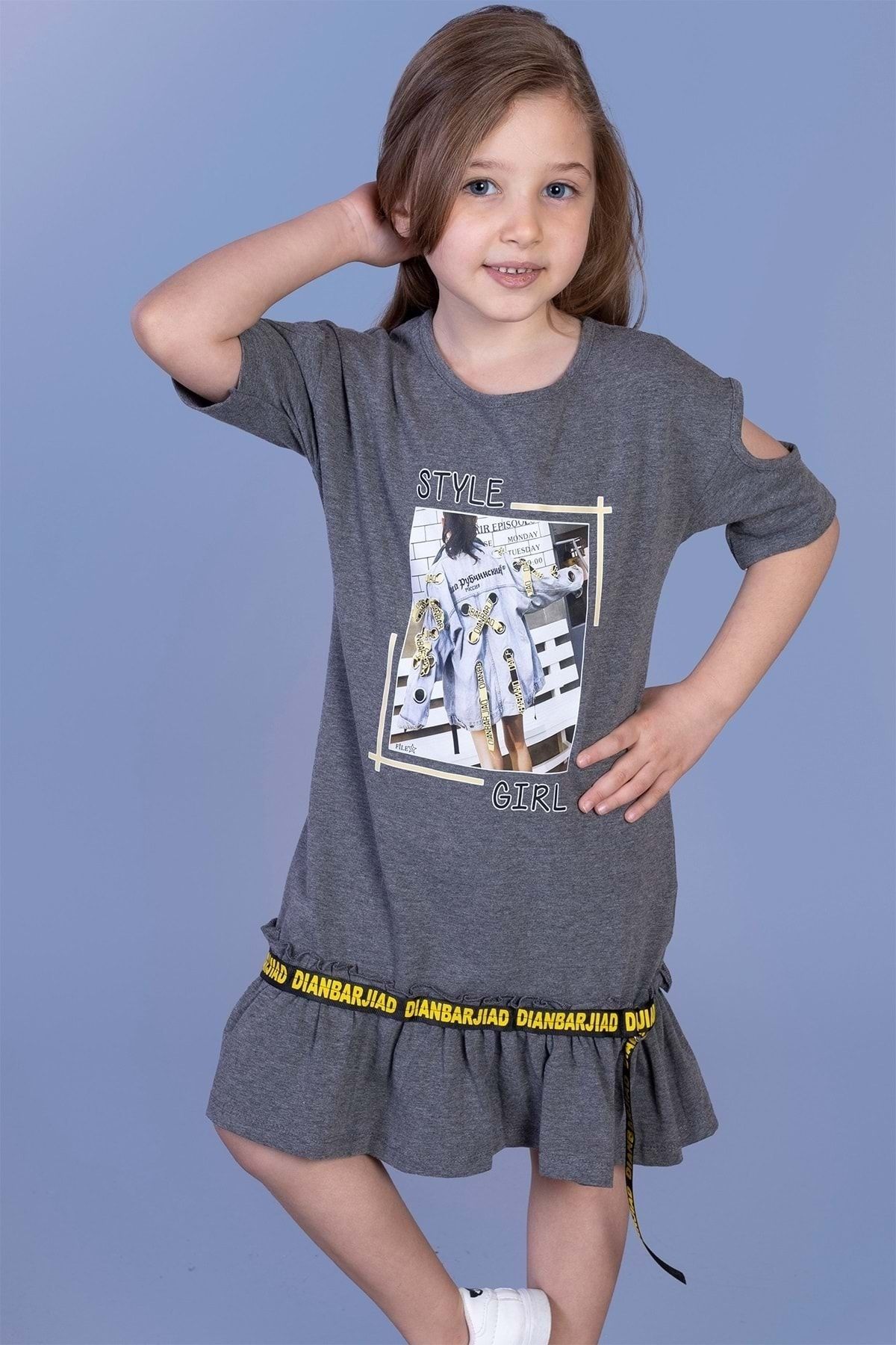 Toontoy Kız Çocuk Antrasit Dijital Baskılı Büzgülü Şerit Detaylı Elbise