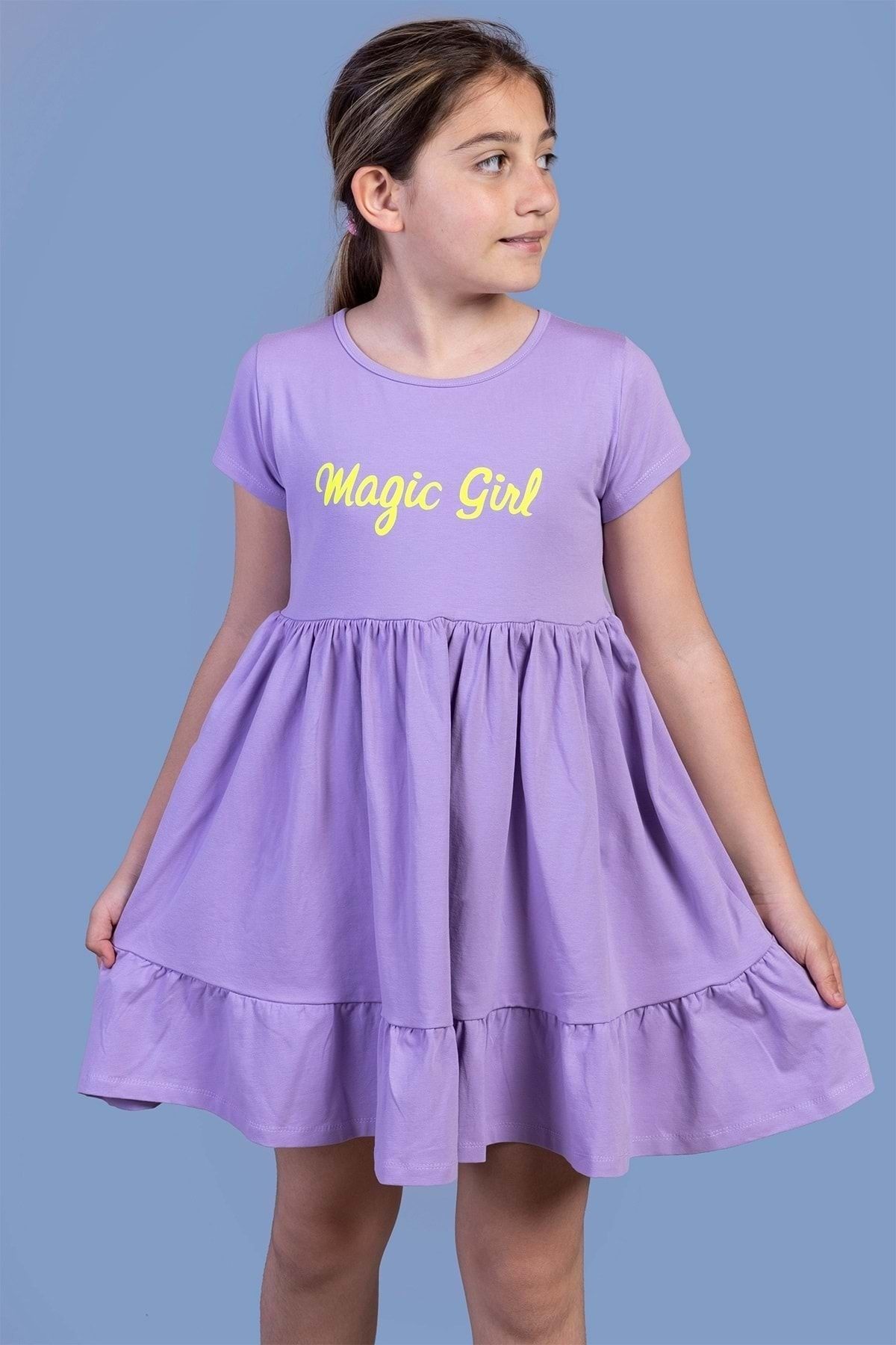 Toontoy Kız Çocuk Mor Büzgü Detaylı Baskılı Elbise