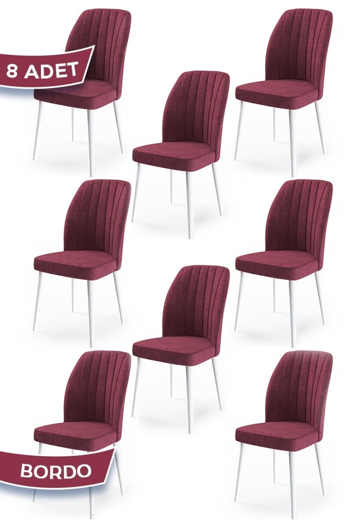 Canisa Etra Serisi, Üst Kalite Mutfak Sandalyesi, 8 Adet Bordo Sandalye, Beyaz Gürgen Ayaklı