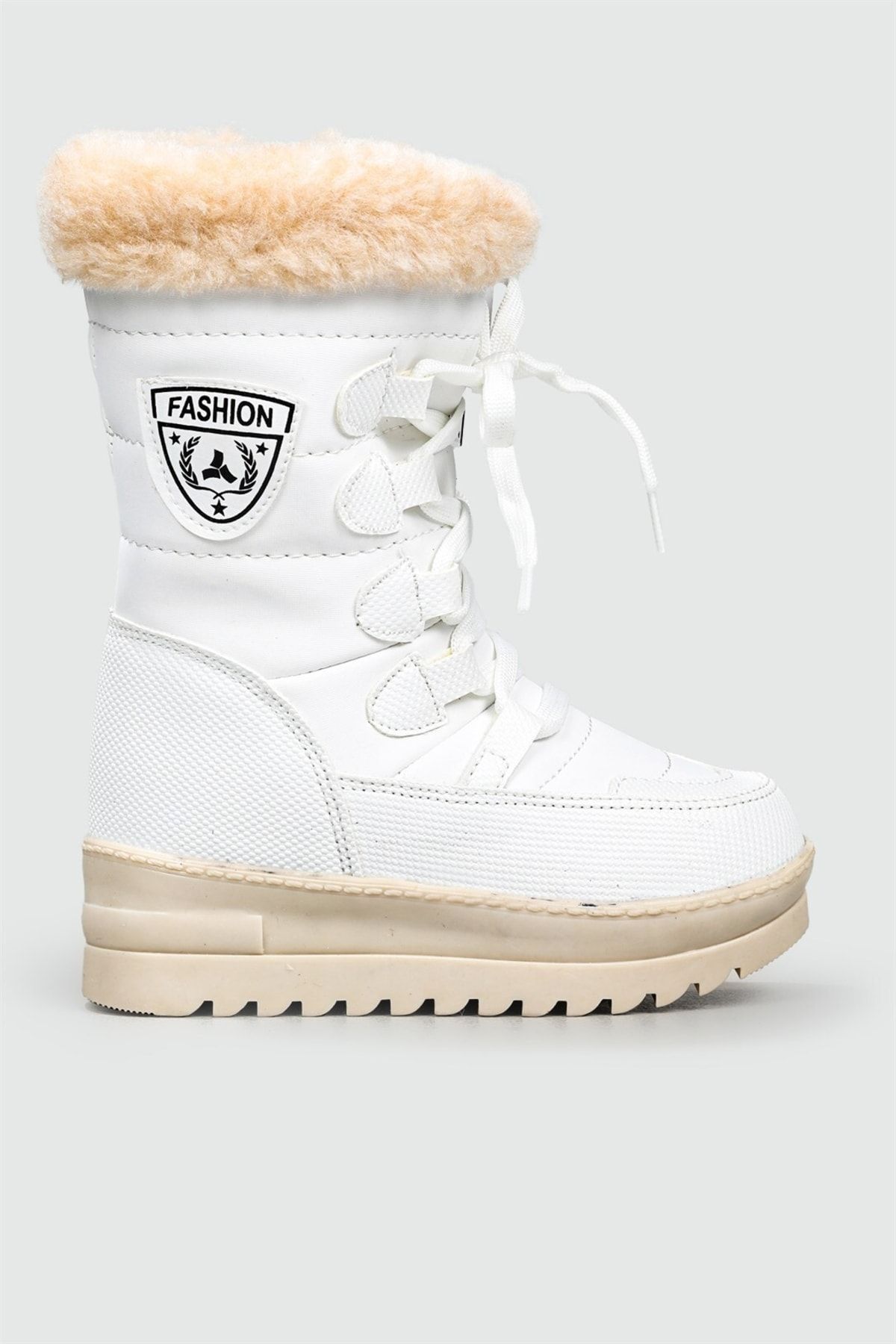 Twingo Kadın İçi Bej Kürklü Kaymaz Taban Fermuarlı Beyaz Kar Botu Winter Women Snow Boots