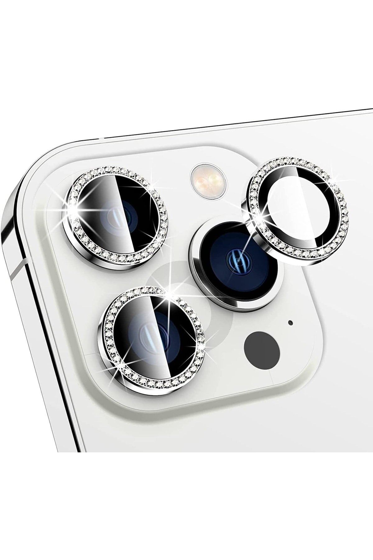 KVK PRİVACY Iphone 11 Pro / Iphone 11 Pro Max /iphone 12 Pro Uyumlu Gümüş Swarovski Taşlı Kamera Lensi Koruyucu