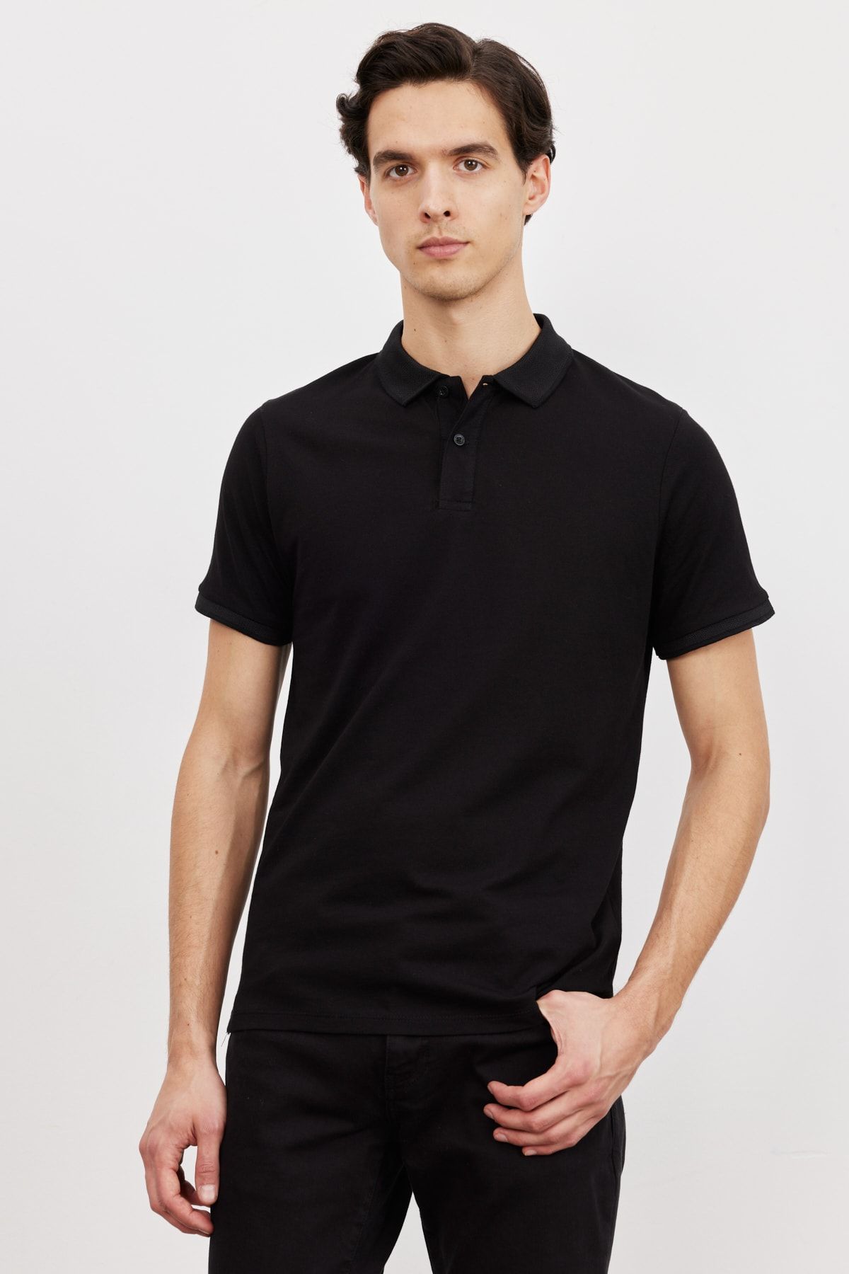 Altınyıldız Classics Erkek Siyah Slim Fit Dar Kesim Polo Yaka Kısa Kollu Basic Tişört