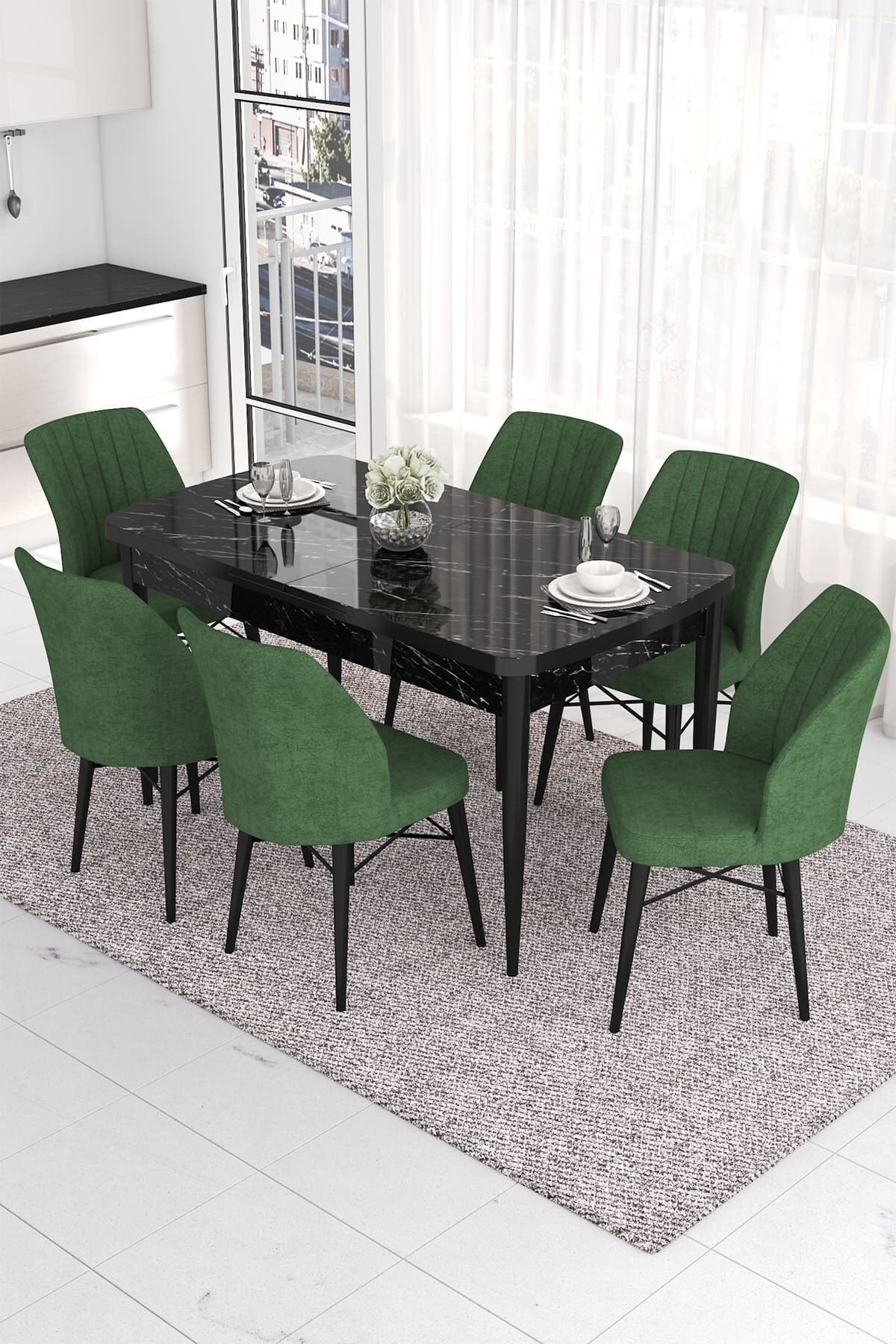Canisa Concept Eva Serisi, 80x132 Açılabilir Mdf Siyah Mermer Desen Masa Mutfak Masası Ve 6 Haki Yeşili Sandalye