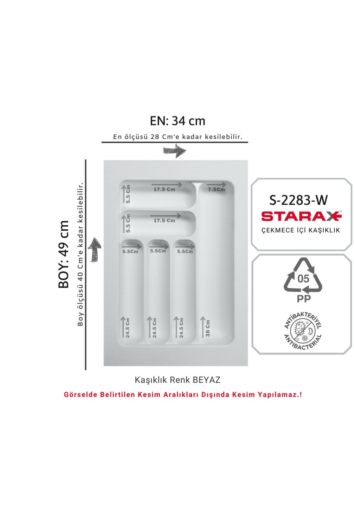 Starax S-2283-w Çekmece Içi Plastik Kaşıklık Beyaz En:34-28 D:49-40 Cm Arası Kesilebilir 6 Göz