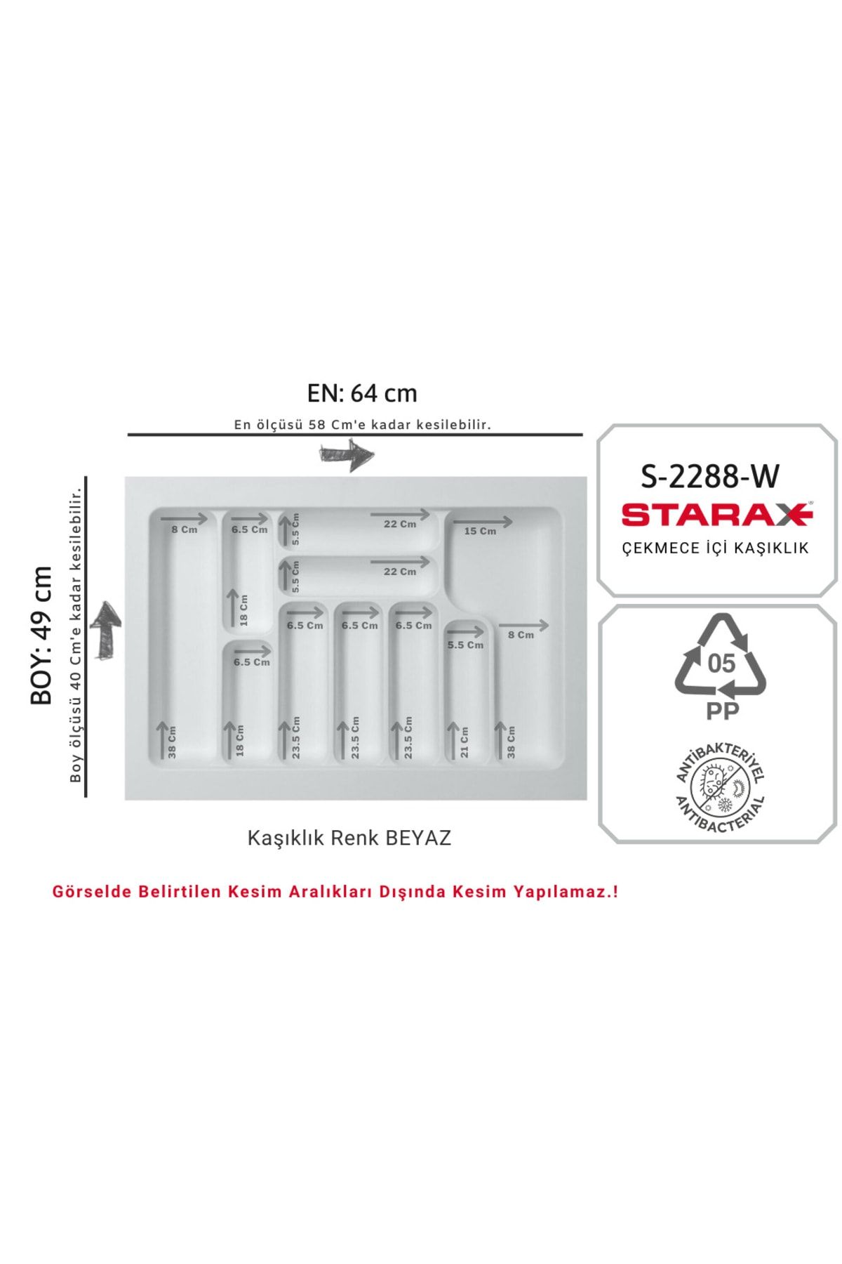 Starax S-2288-w Çekmece Içi Plastik Kaşıklık Beyaz En:64-58 D:49-40 Cm Arası Kesilir 10 Göz