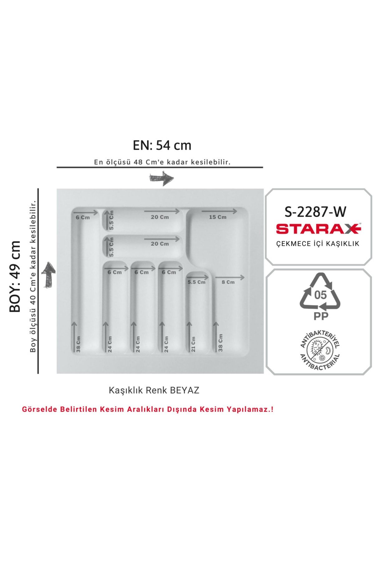 Starax S-2287-w Çekmece Içi Plastik Kaşıklık Beyaz En:54-48 D:49-40 cm Arası Kesilir 8 Göz