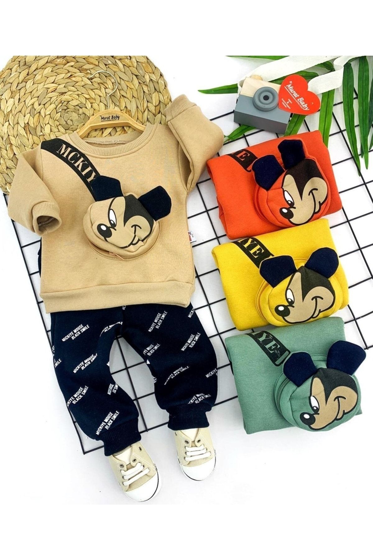 Murat Baby Mickey Mouse Baskılı Kendinden Çantalı 3iplik 2li Takım