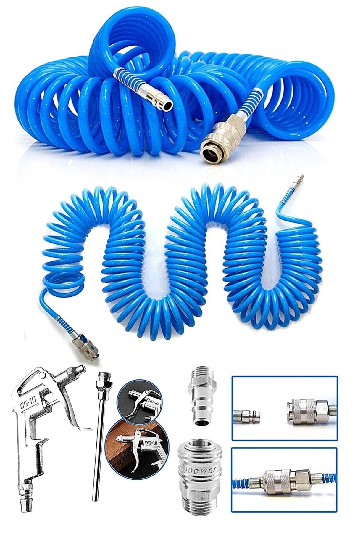 PROXTECH 15 Metre Kompresör Spiral Hava Hortumu 8 Mm 15 Mt Hava Jakı Hava Tabancası Recor Paket