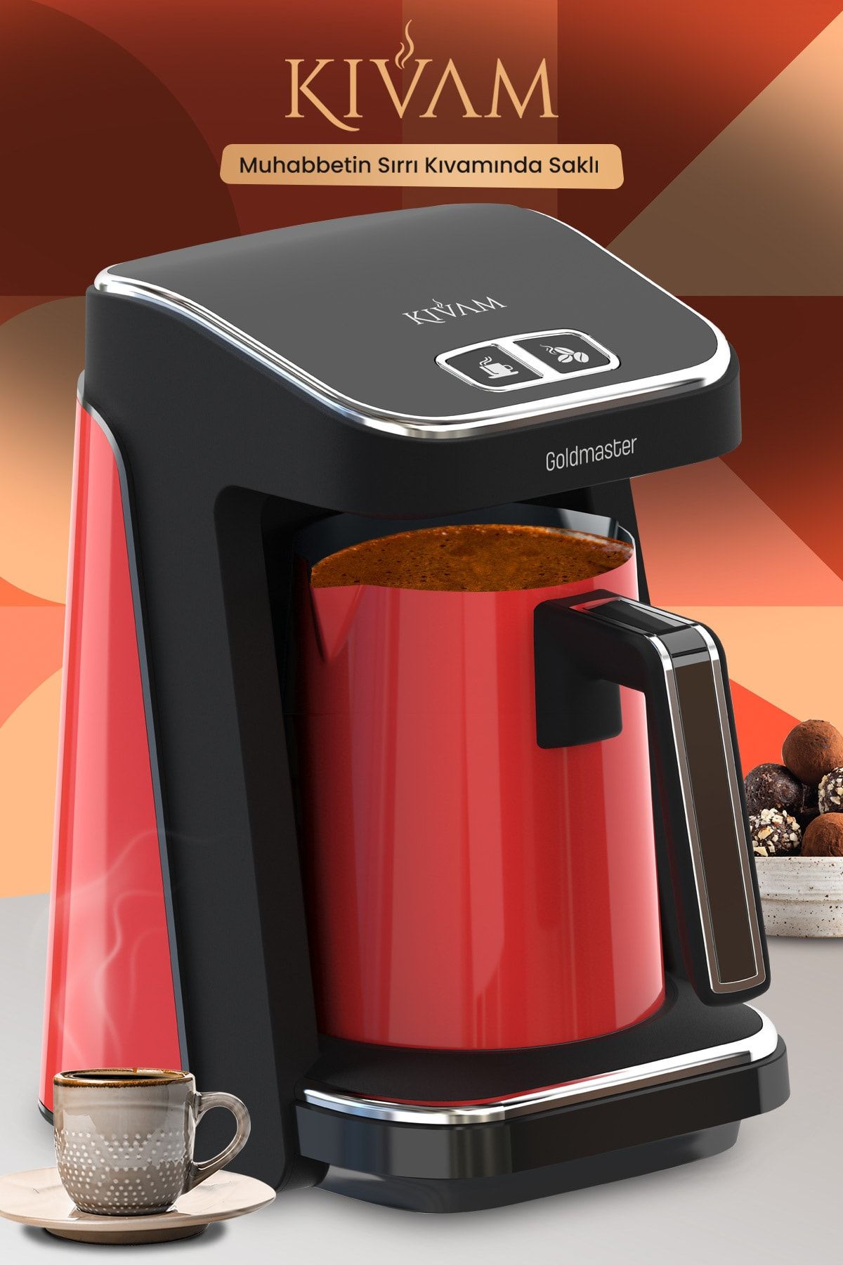 GoldMaster Prokıvam Kırmızı Geniş Hazne Çelik Cezveli Akıllı Yerleştirmeli Türk Kahve Makinesi
