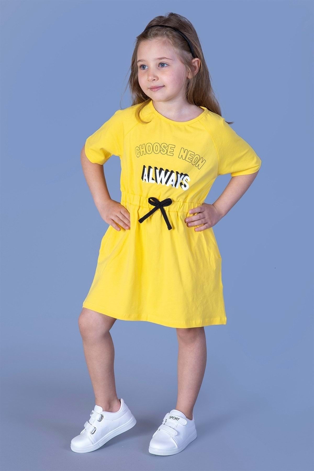 Toontoy Kız Çocuk Sarı Baskılı Taş Işlemeli Beli Lastikli Iki Yanı Cepli Elbise