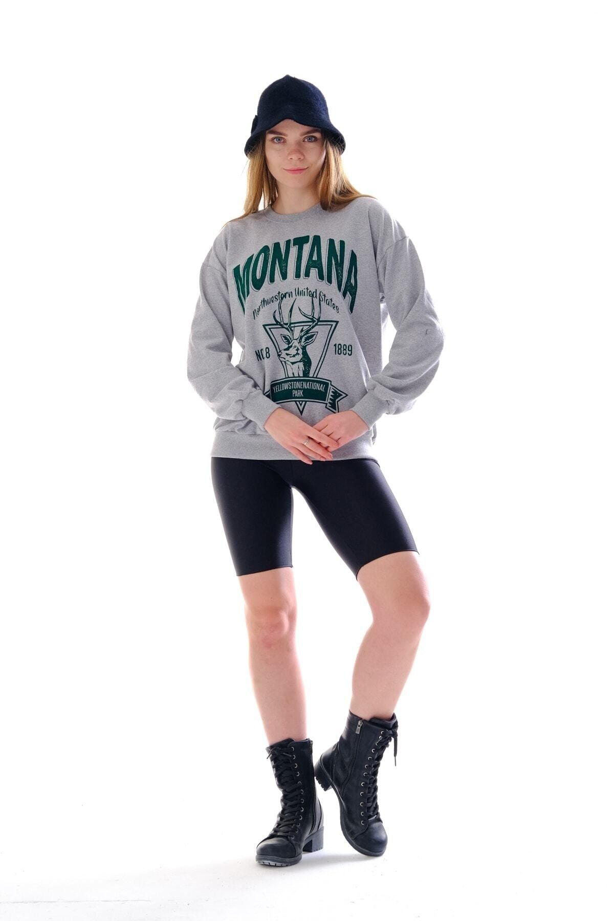 Genel Markalar AYMONTANA Kadın Gri Montana Baskılı Sweatshirt