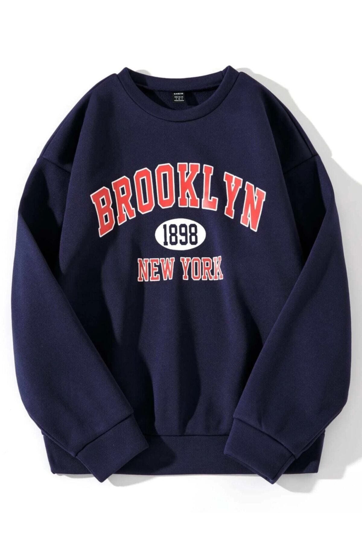 LAMOSS Unisex Brooklyn Baskılı Lacivert Sweatshirt Şardonlu