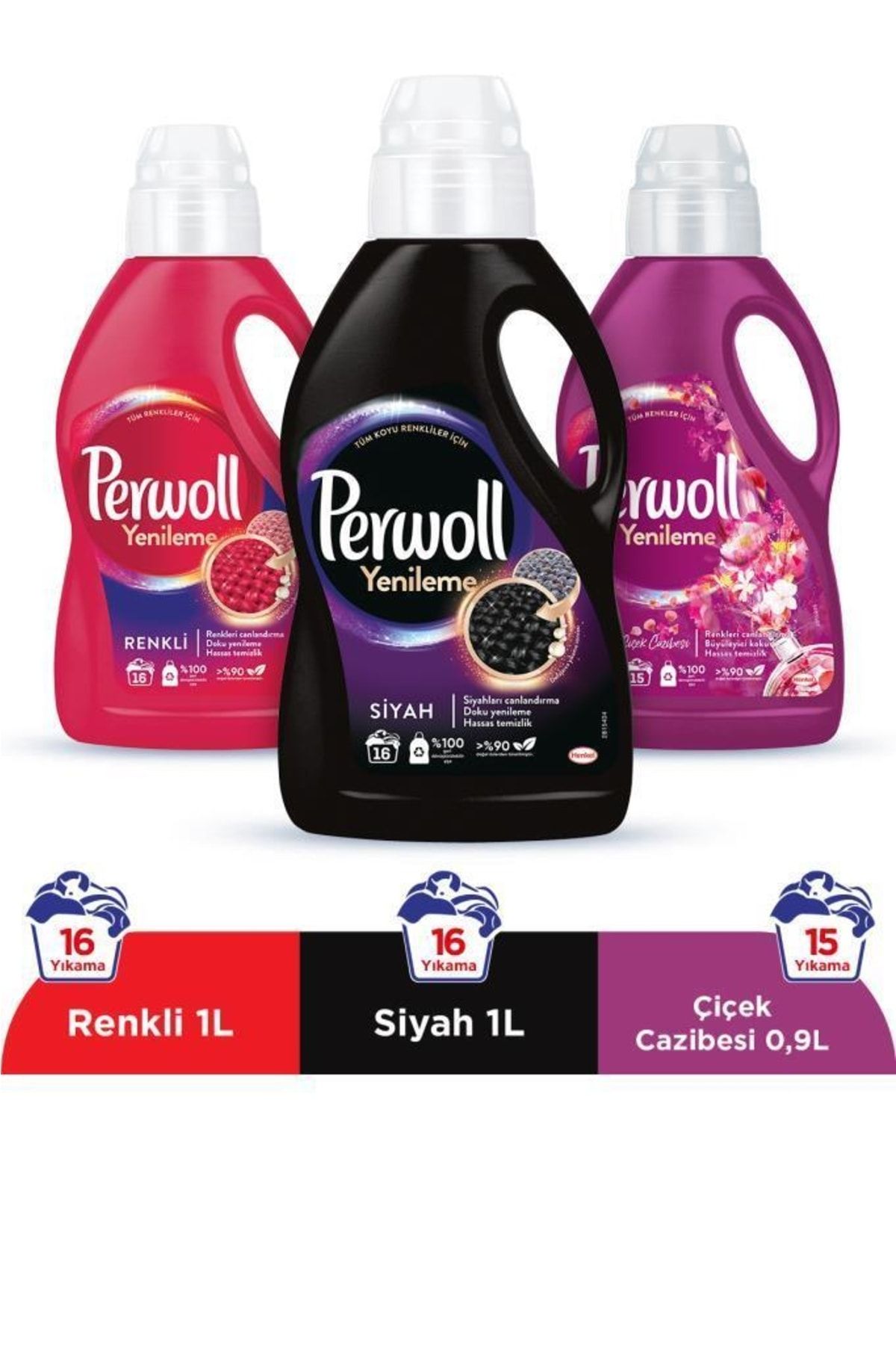 Perwoll Hassas Bakım Sıvı Çamaşır Deterjanı (47 Yıkama) 2 x 1L Renkli + Siyah + 0,9L Çiçek Cazibesi