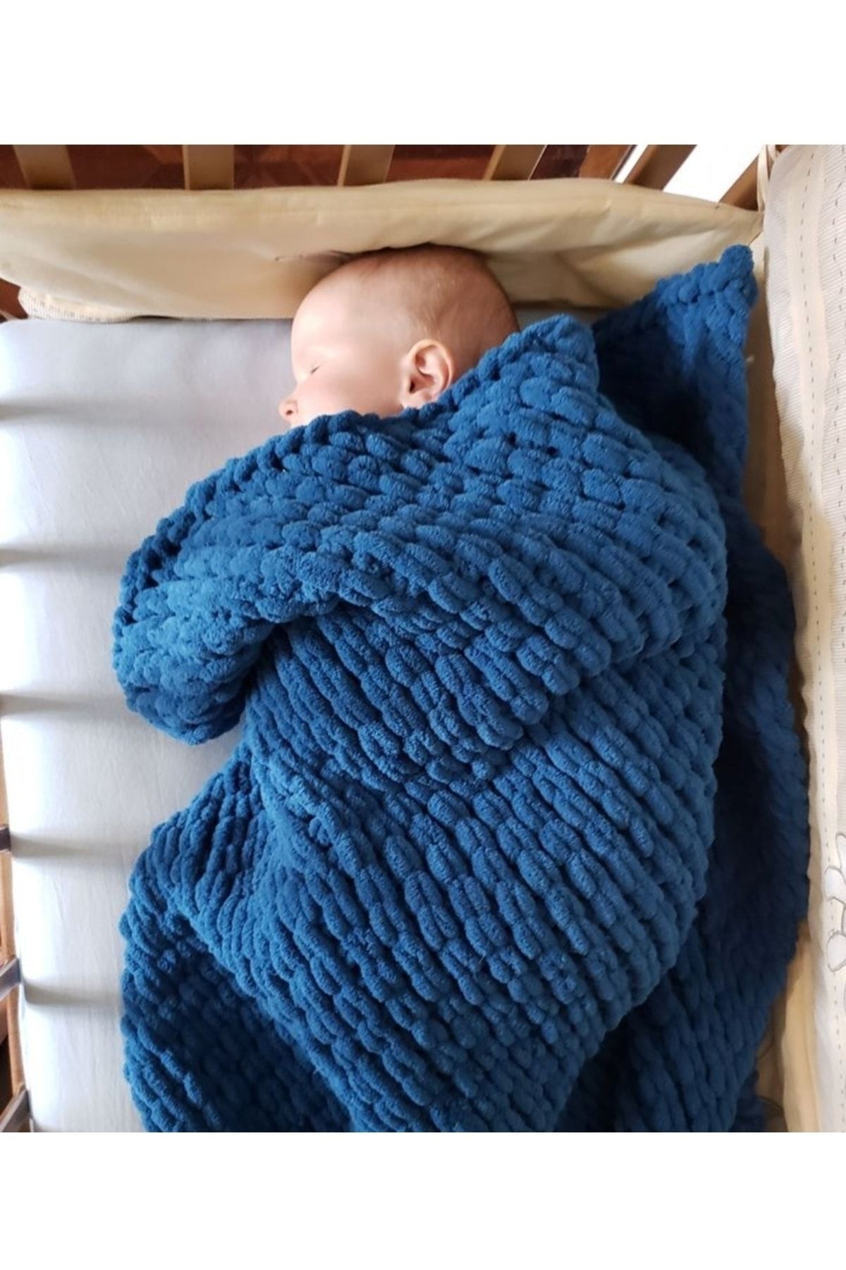 Balkabağı butik Puffy El Örgü Bebek Lacivert 90 X 90 Battaniye [ Koyu Mavi ]