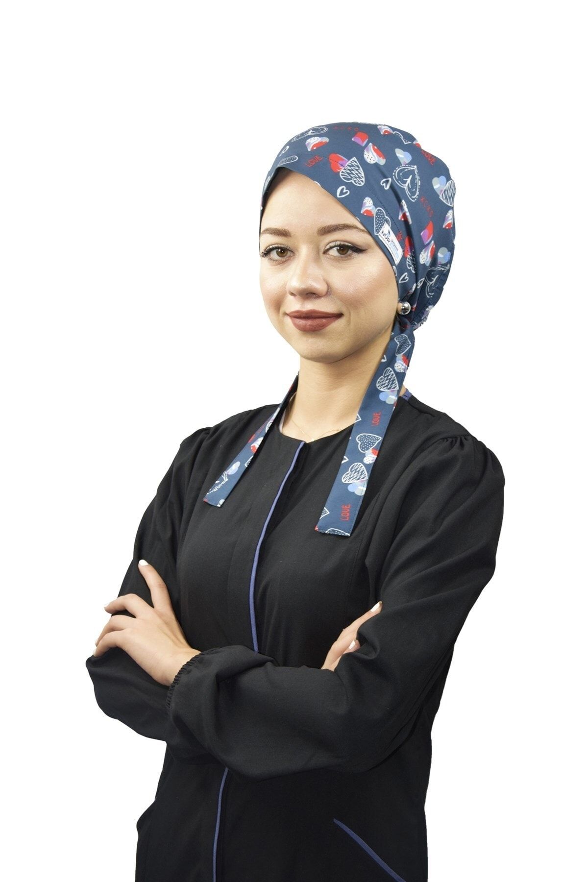 Nur Medikal Giyim Kadın Lacivert Love Desenli Tesettür Doktor Hemşire Hastane Aşçı Cerrahi Bone