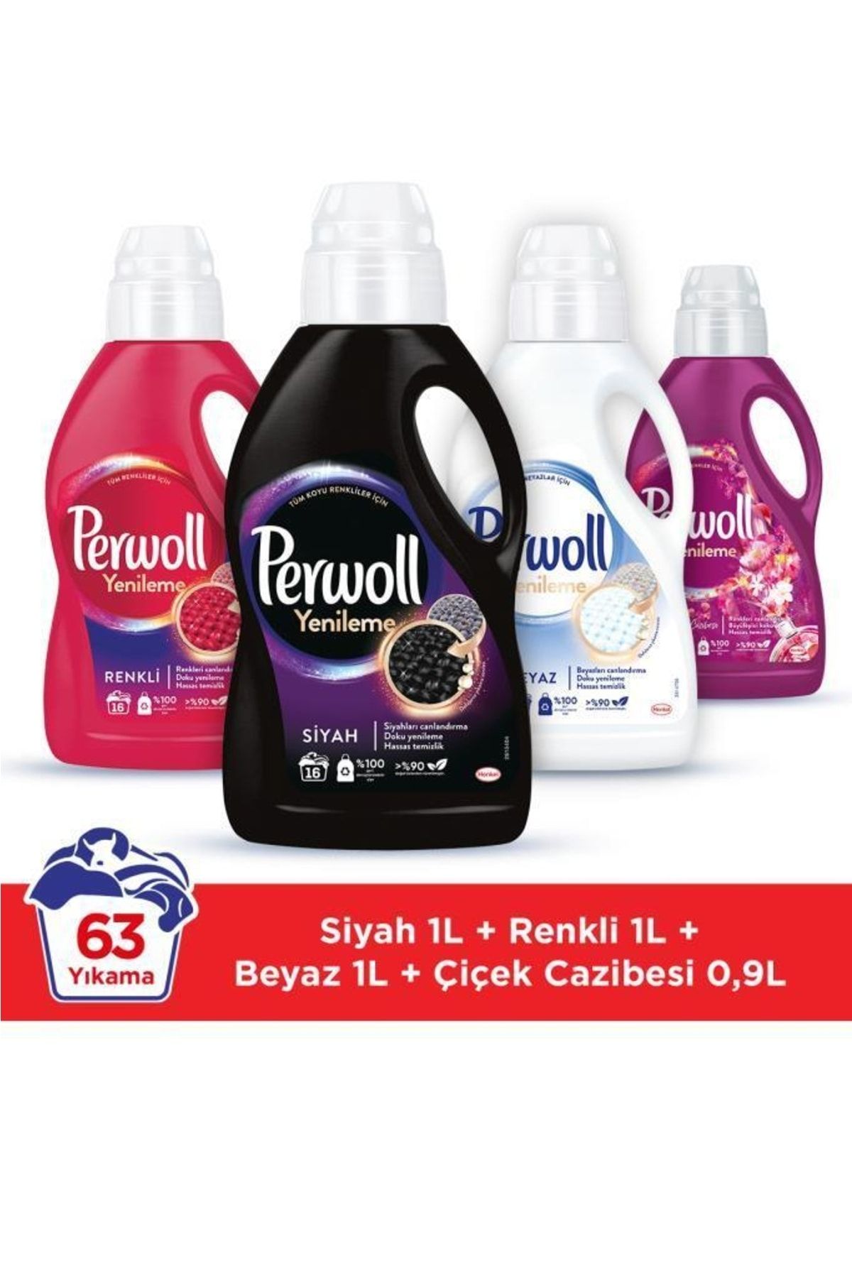 Perwoll Hassas Bakım Sıvı Çamaşır Deterjanı (63 Yıkama) 3 x 1L Siyah + Renkli + Beyaz + 0,9L Çiçek C