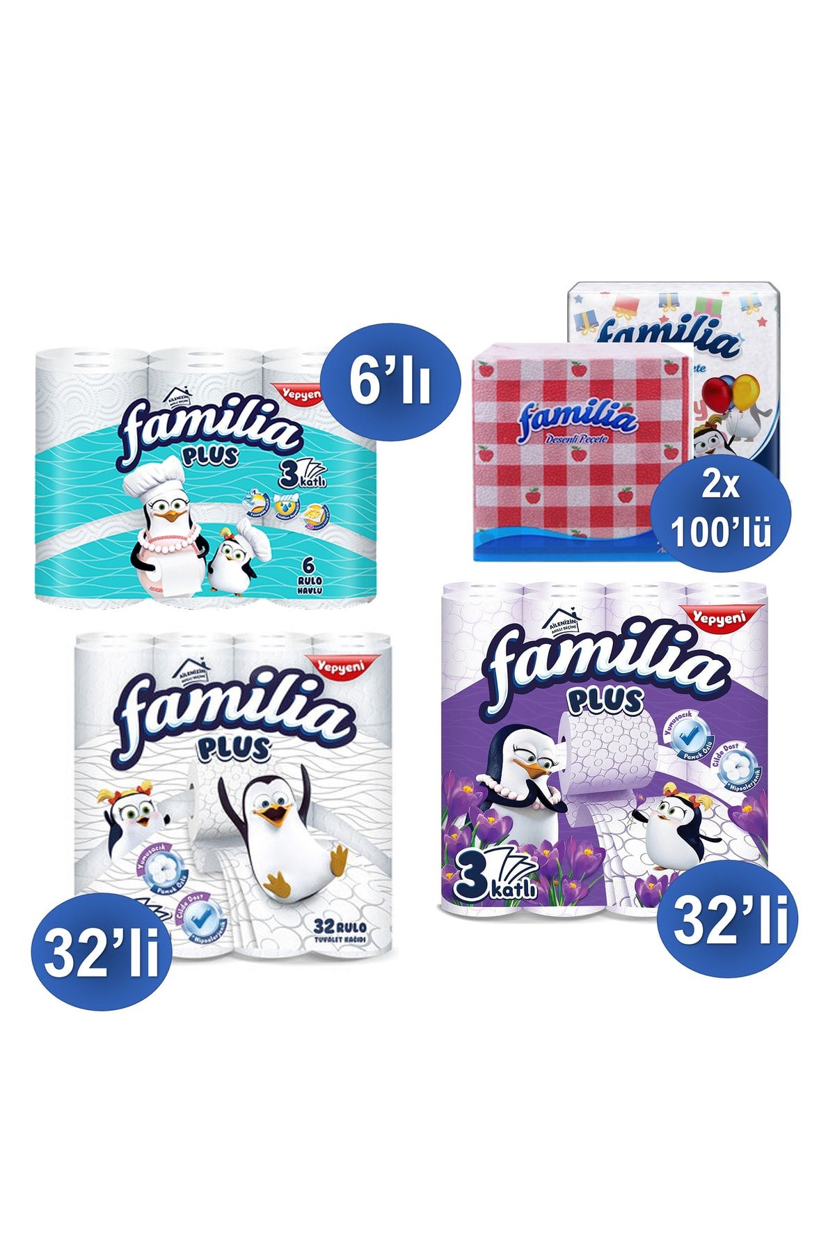 Familia Aile Boyu Fırsat Paketi Tuv. Kağıdı 32'lix2 + Kağıt Havlu 6'lı+ Peçete 2x100'lü