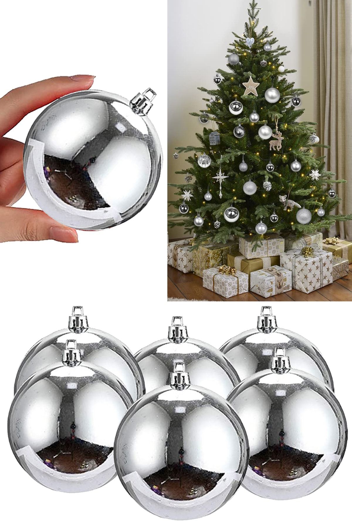 Parti Dolabı 6 Adet Büyük Boy Gümüş Gri Yılbaşı Çam Ağaçı Süsü Yeni Yıl Noel Dekor Parlak Cici Top Süs 6cm