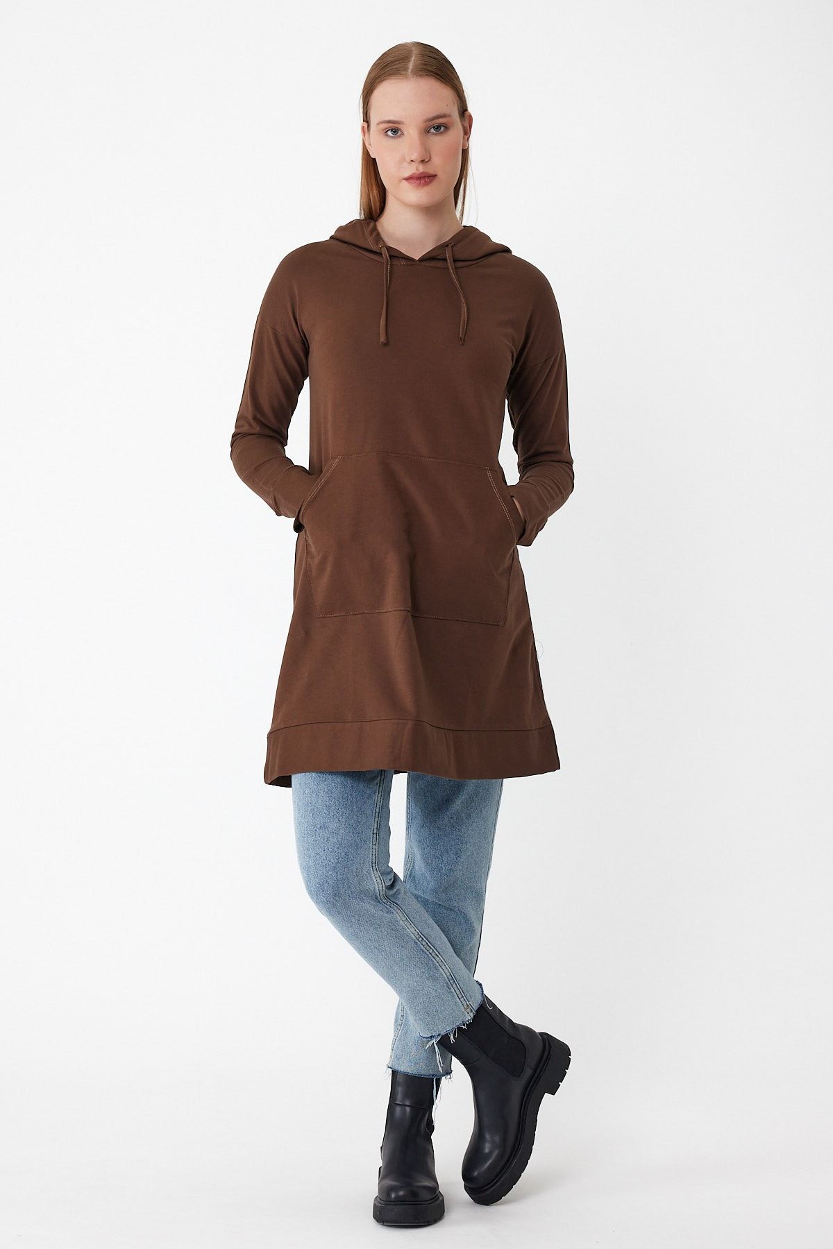 Gippe Collection Kahverengi Kapşonlu Yaka Basic Örme Sweatshirt 10383