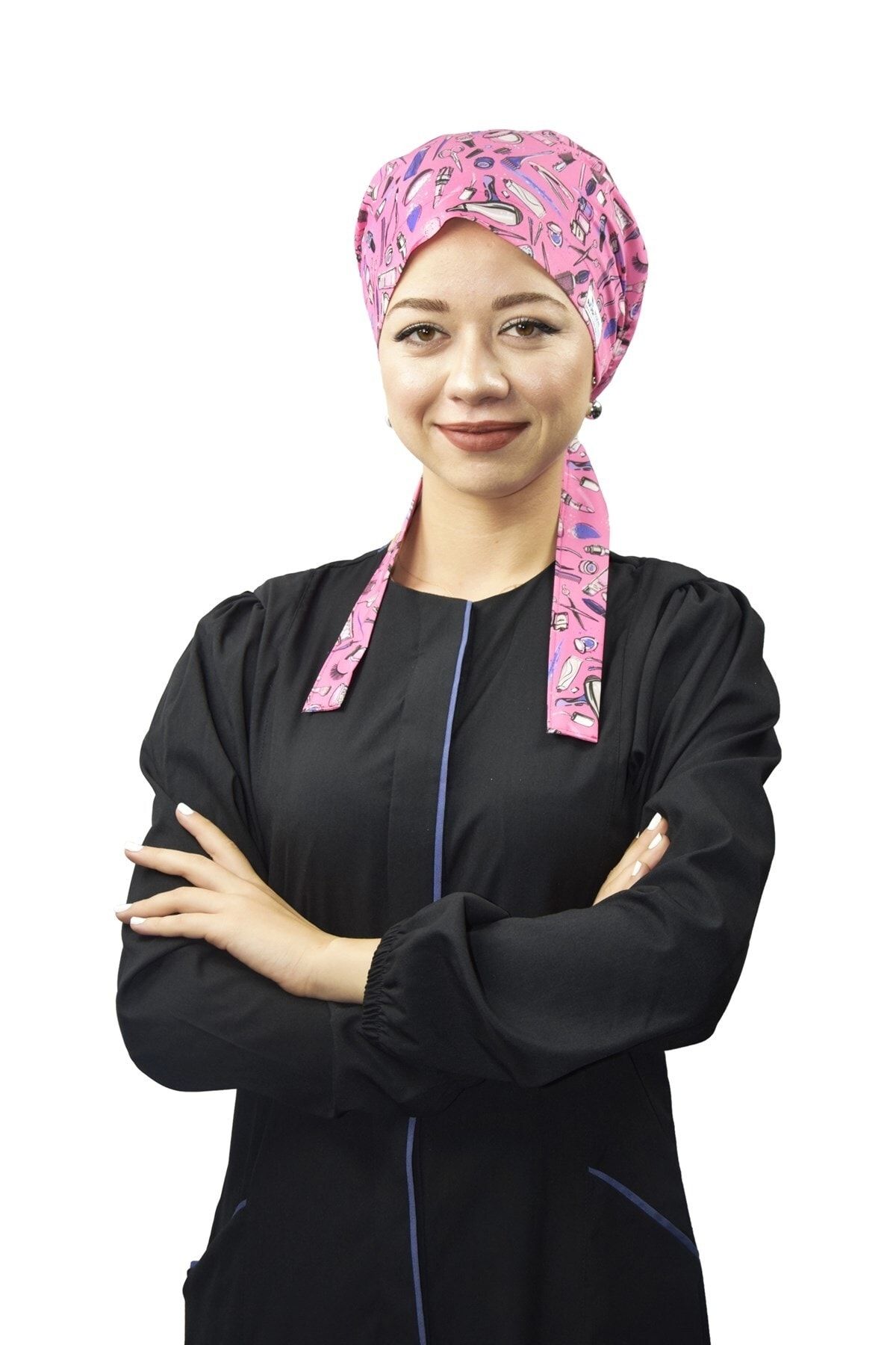 Nur Medikal Giyim Kadın Tesettür Pembe Güzellik Desen Likralı Doktor Hemşire Hastane Aşçı Cerrahi Bonesi