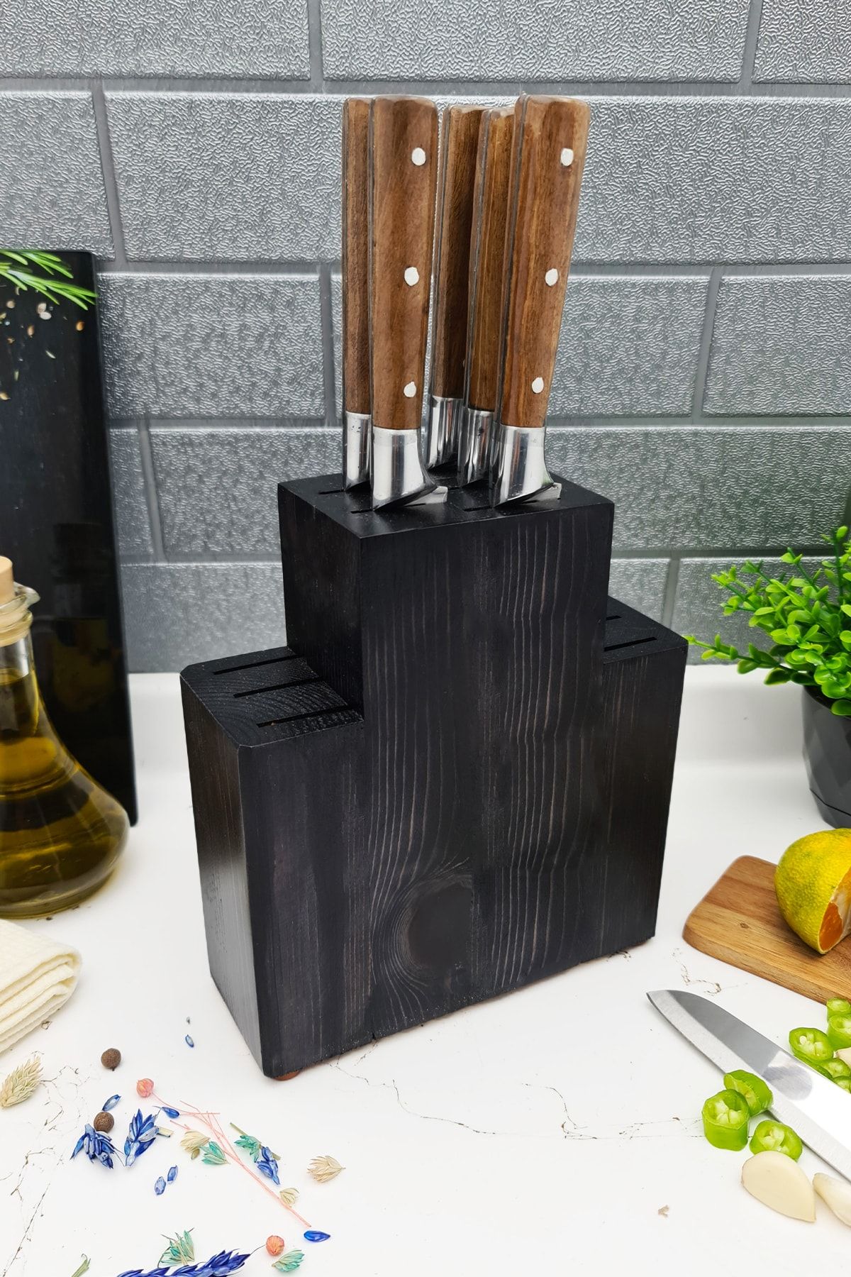 LAZBİSA Mutfak Bıçak Seti Standı Stant Takozu Ahşap Bıçaklık Estetik Doğal Damarlı Vernikli