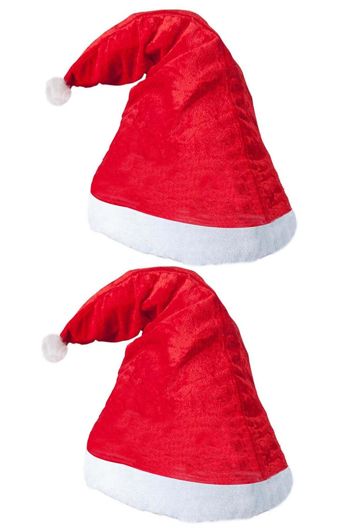 2 Adet Kırmızı Polar Noel Baba  Noel Anne Şapkası Beyaz Ponponlu_0