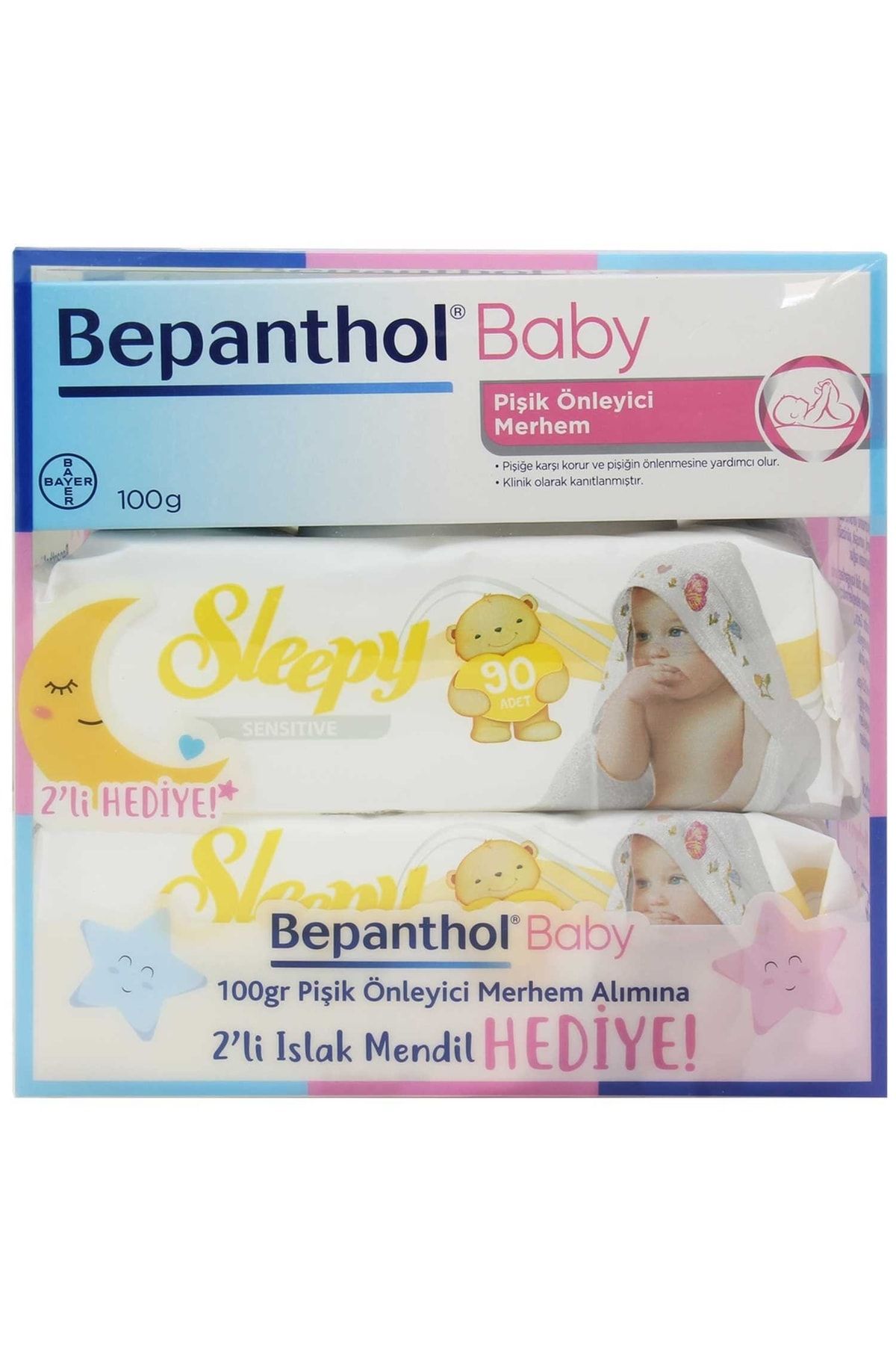 Bepanthol Baby Pişik Önleyici Merhem 100 Gr + 2 Paket Sleepy Sensitive Islak Havlu 90 Lı Hediye