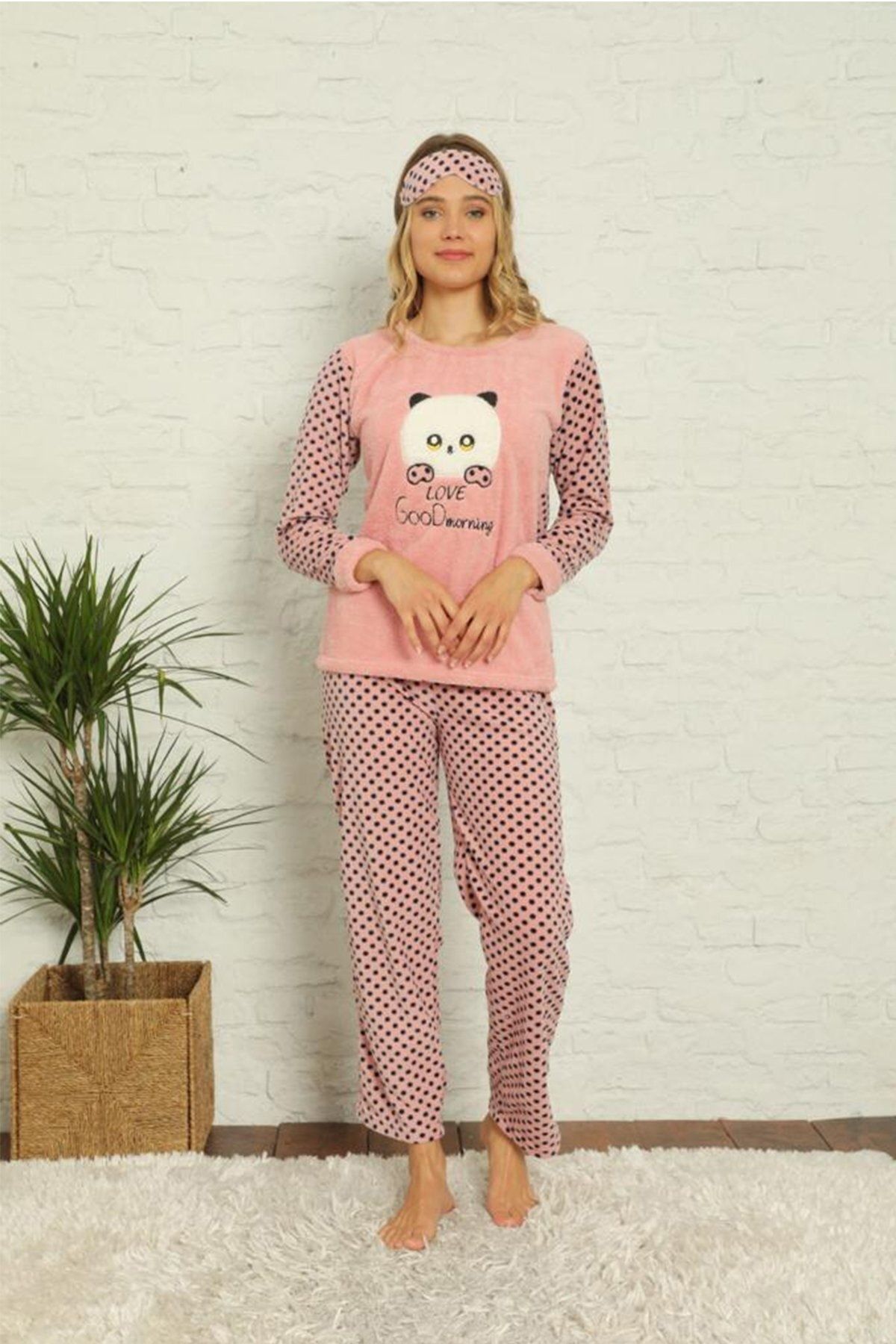 TAMPAP Kadın Baskılı Polar Peluş Pijama Takımı 2190