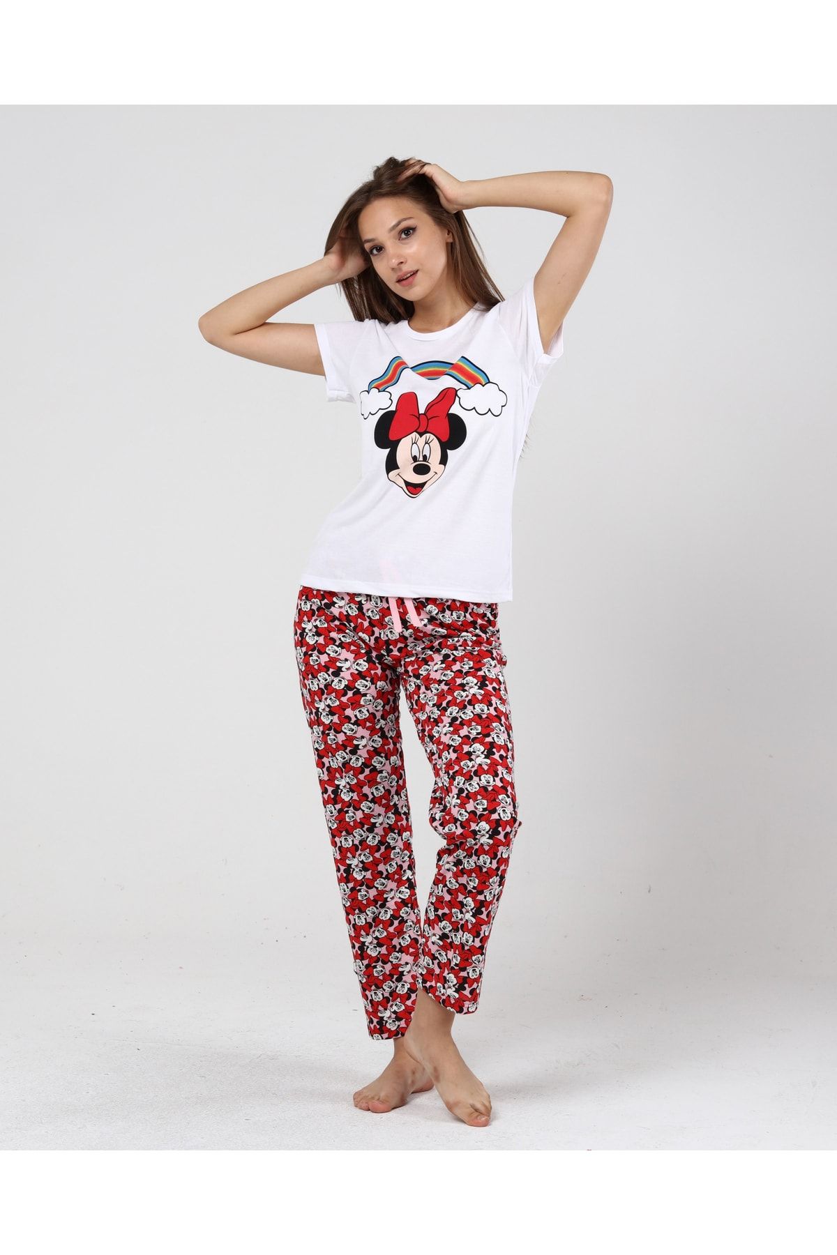 BAK’S STORE Kadın Kırmızı Gökküşağı Mickey Mouse Baskılı Kadın T-şort Pantolon Takımı