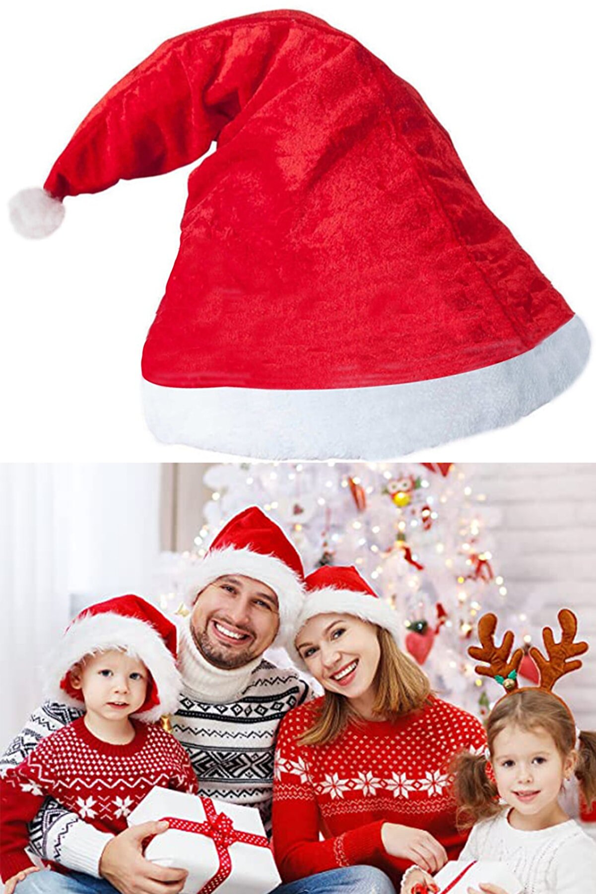 2 Adet Kırmızı Polar Noel Baba  Noel Anne Şapkası Beyaz Ponponlu_1