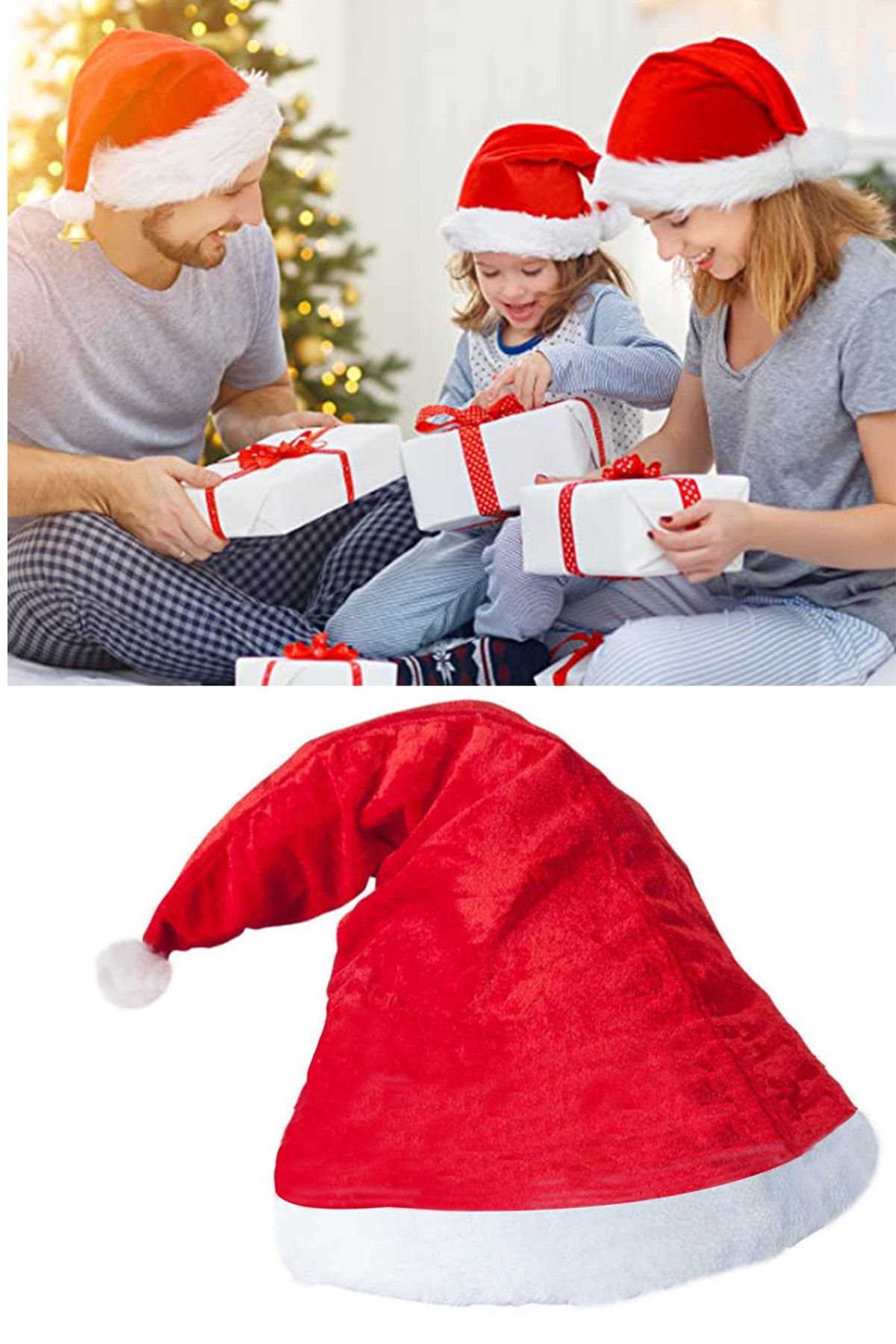 2 Adet Kırmızı Polar Noel Baba  Noel Anne Şapkası Beyaz Ponponlu_2