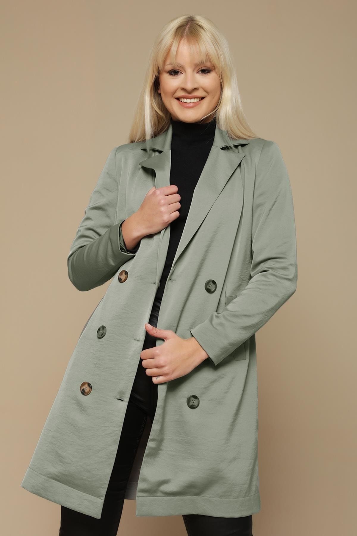 Select Moda Kadın Haki Düğmeli Kuşaklı Ceket