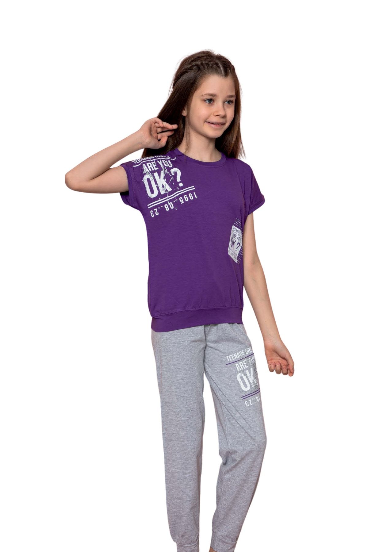 Tarık Kız Çocuk Bisiklet Yaka Tişört-uzun Alt-orta Kalın Pijama Takımı-%100 Pamuk