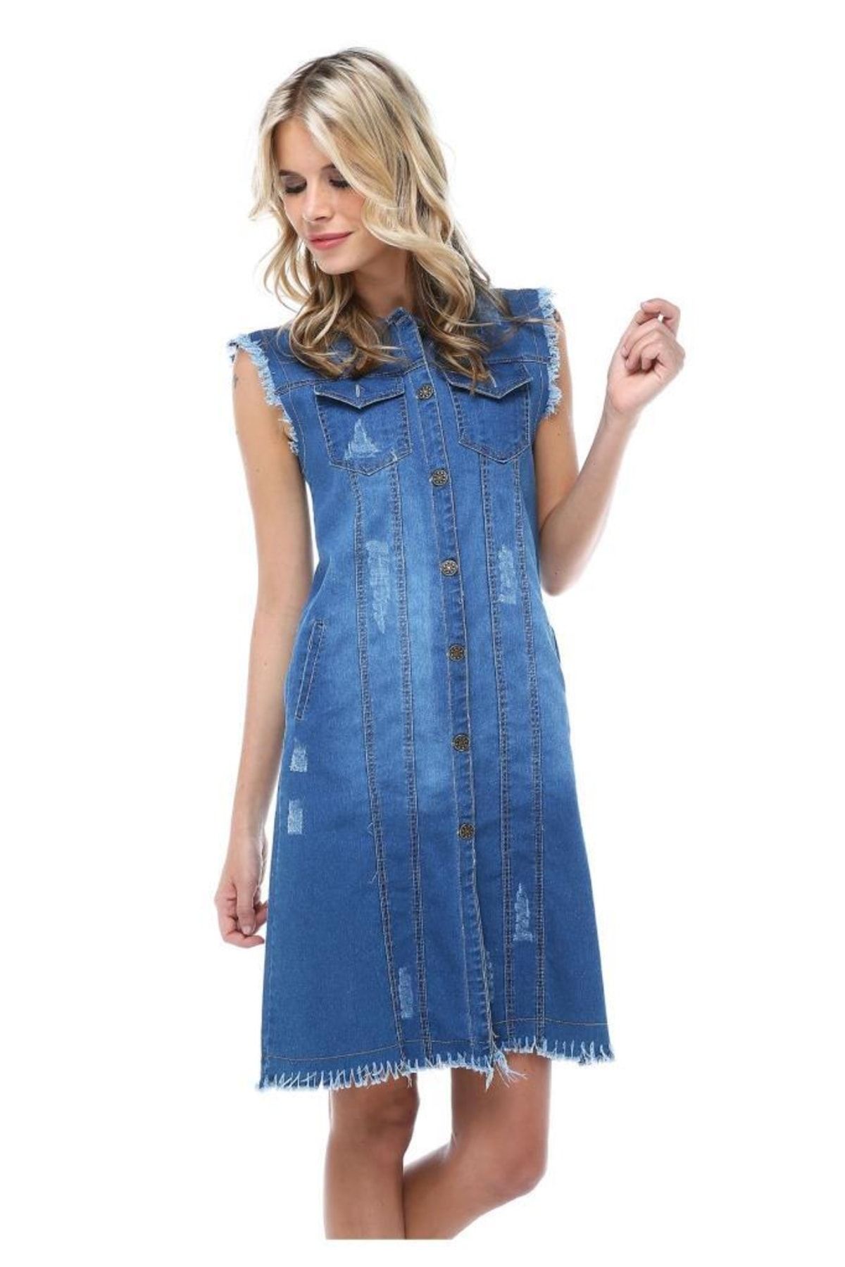 Modkofoni Püsküllü Düğmeli Uzun Açık Mavi Kadın Kadın Kot Elbise
