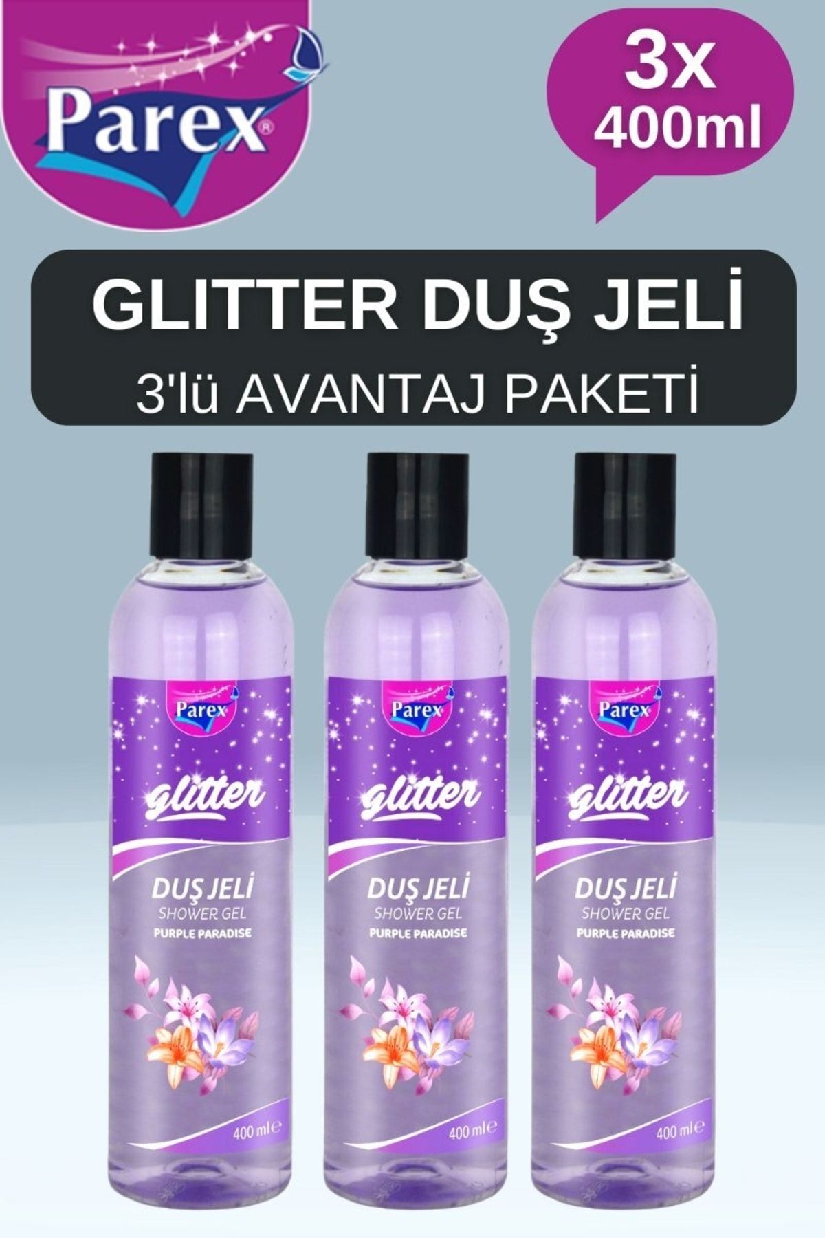 Parex 3×400ml Purple Paradise Glitter Nemlendirici Banyo Ve Duş Jeli 3'lü Avantaj Paketi Antistress