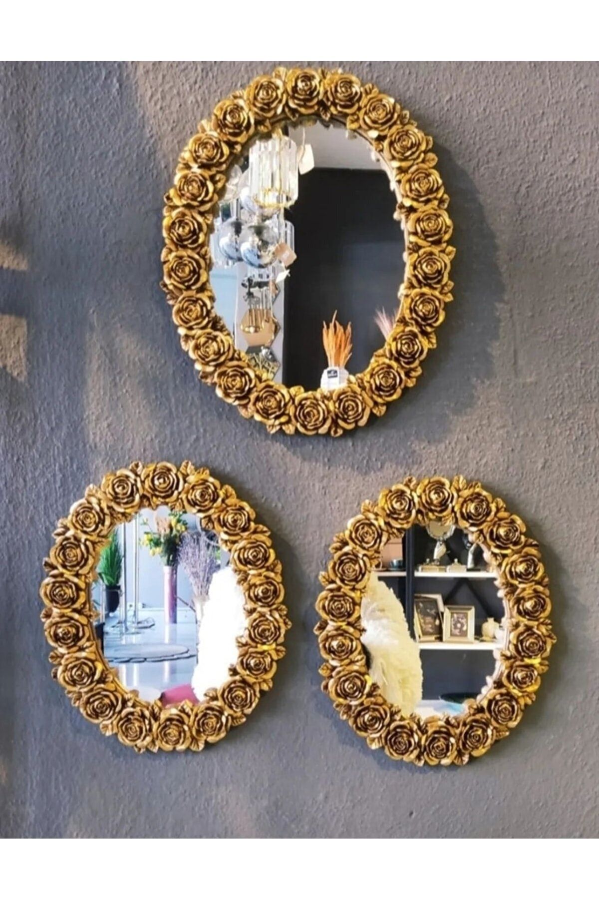 HAPPENS Dekoratif 3'lü Duvar Aynası Gold Renk Çiçek Desenli Polyester Ayna Takımı