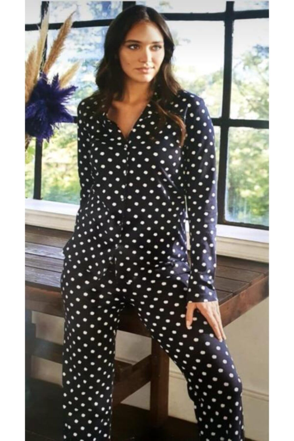 Eros Pijama Kadın Puantiyeli Gömlek Pijama Takım