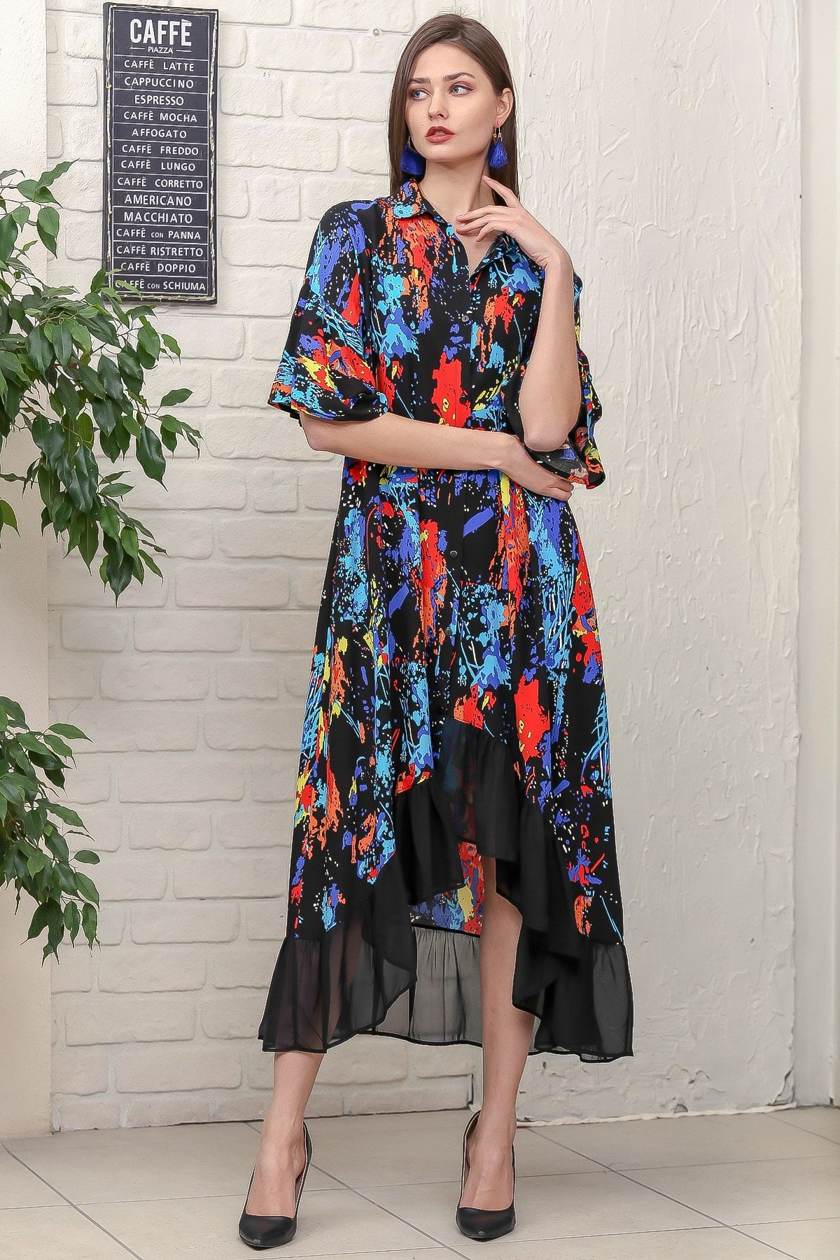 Chiccy Kadın Siyah Fırça Desen Düğmeli Kolu Volanlı Etek Ucu Şifon Fırfırlı Salaş Elbise M10160000EL95922