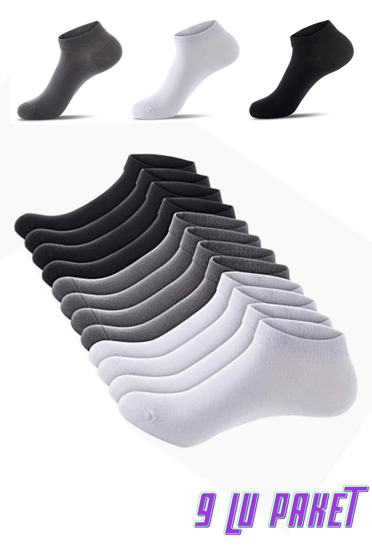 socksbox 9 Çift Koton Siyah-beyaz-gri Kısa Çorap