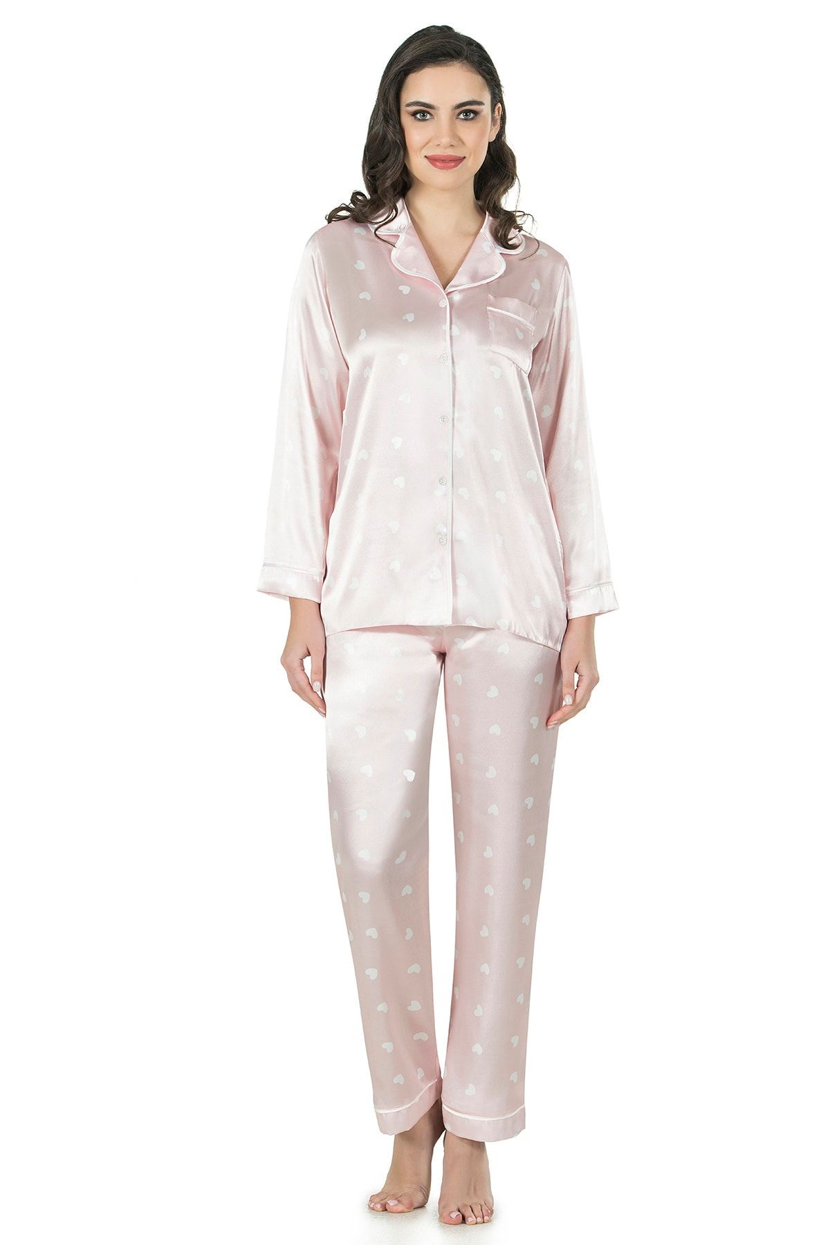 Fabienne Kalpli Saten Pudra Pembe Beyaz Gecelik Sabahlık Uzun Kollu Pijama Takım Set Sevgililer Günü