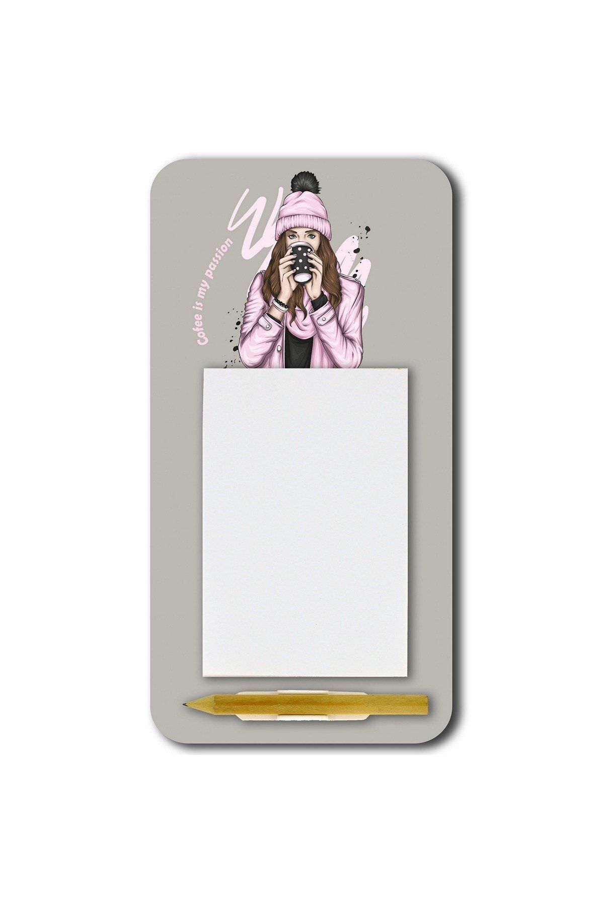 WuW Kahve Benim Tutkum Pembeli Kadın Magnetli Kalemli Notluk Buzdolabı Magneti