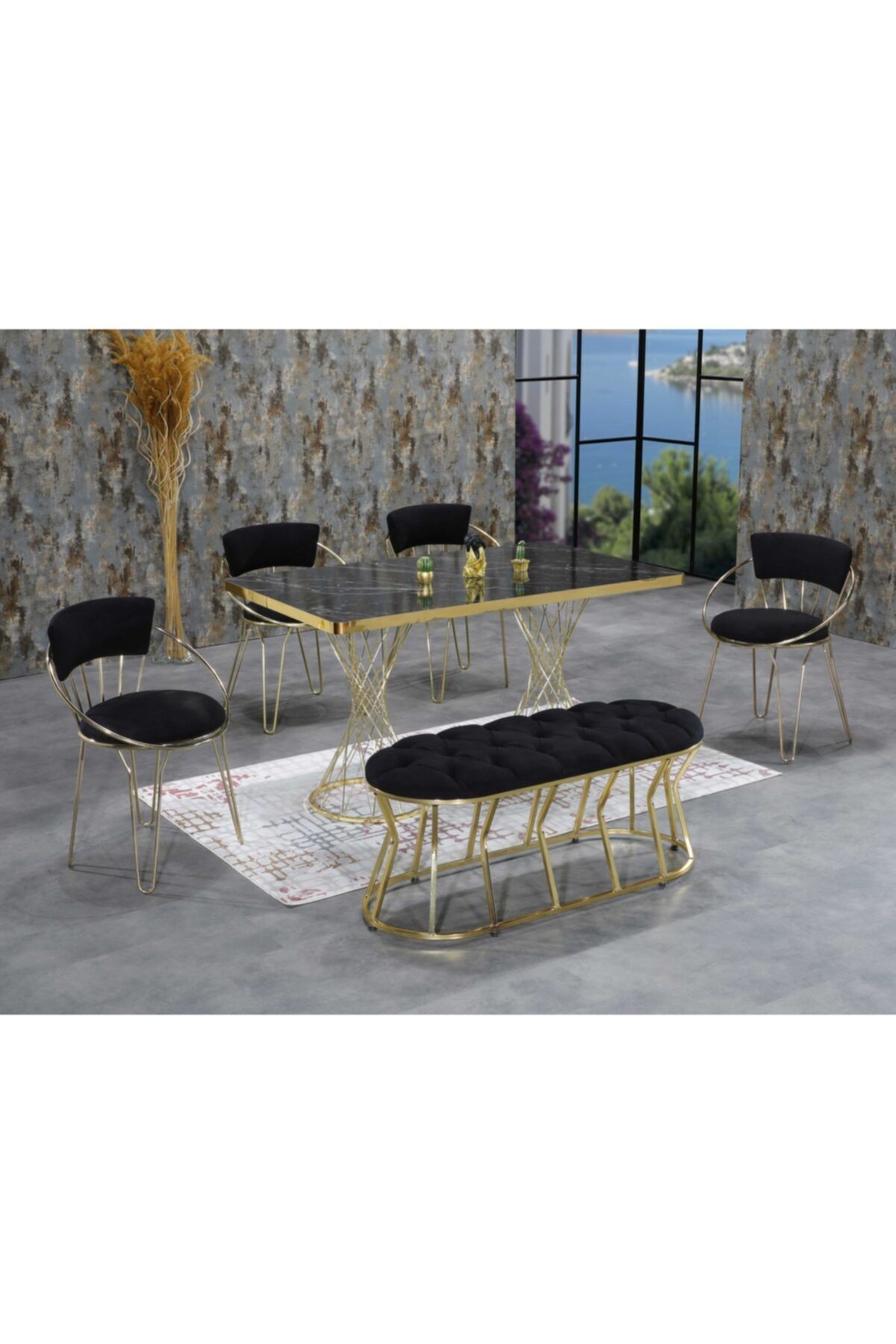Ressa Home Milano Puflu Siyah Mermer Desenli Mutfak Masası Takımı-yemek Masa Takımı