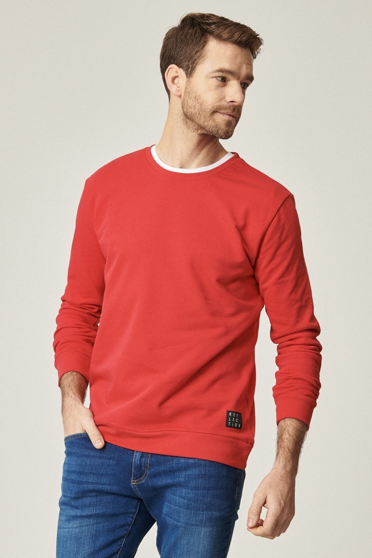 AC&Co / Altınyıldız Classics Erkek Kırmızı Standart Fit Bisiklet Yaka %100 Pamuk Sweatshirt