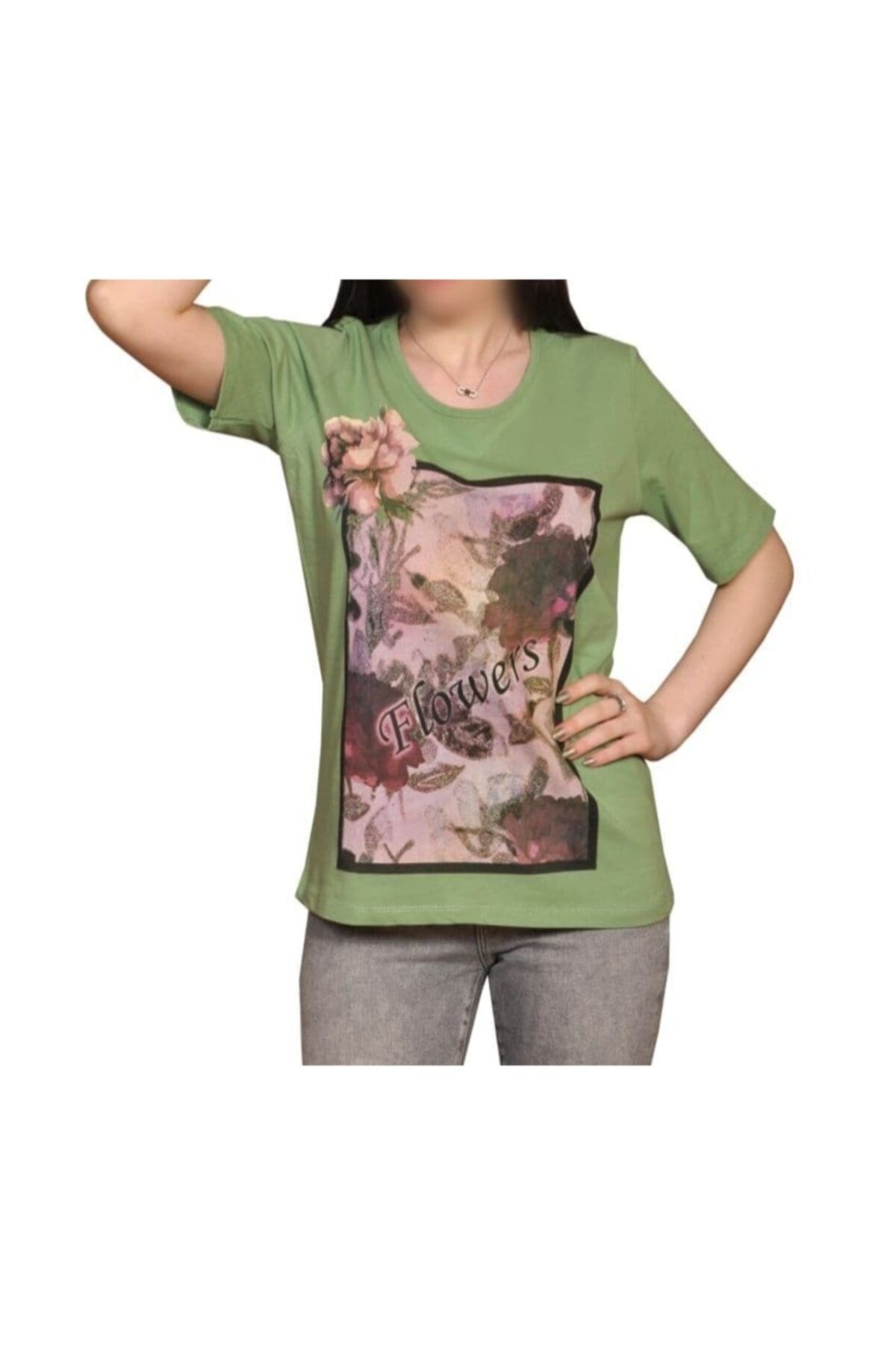 İsmet Tekstil Kadın Yeşil Çiçek Baskılı Thsirt