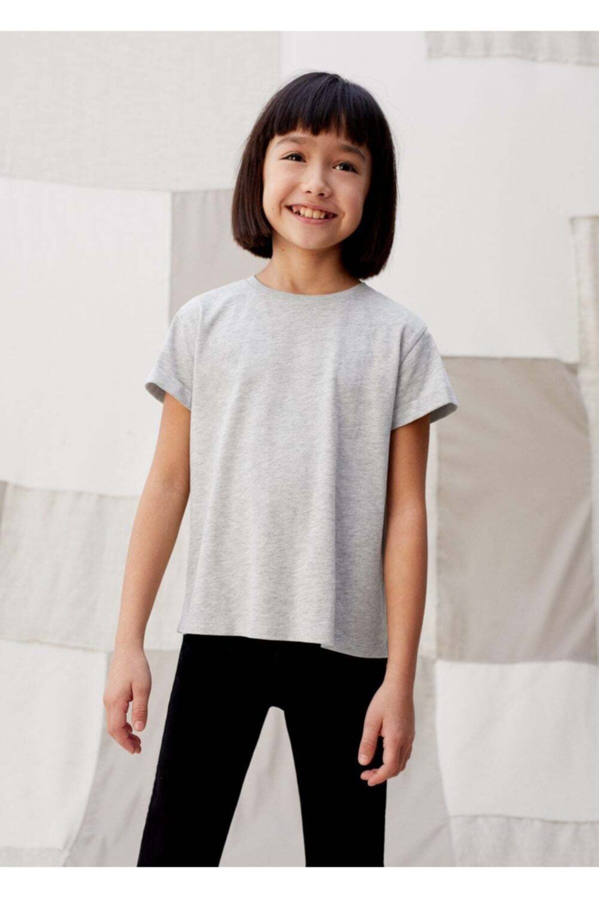 MANGO Kids Kız Çocuk Gri Organik Pamuklu Tişört