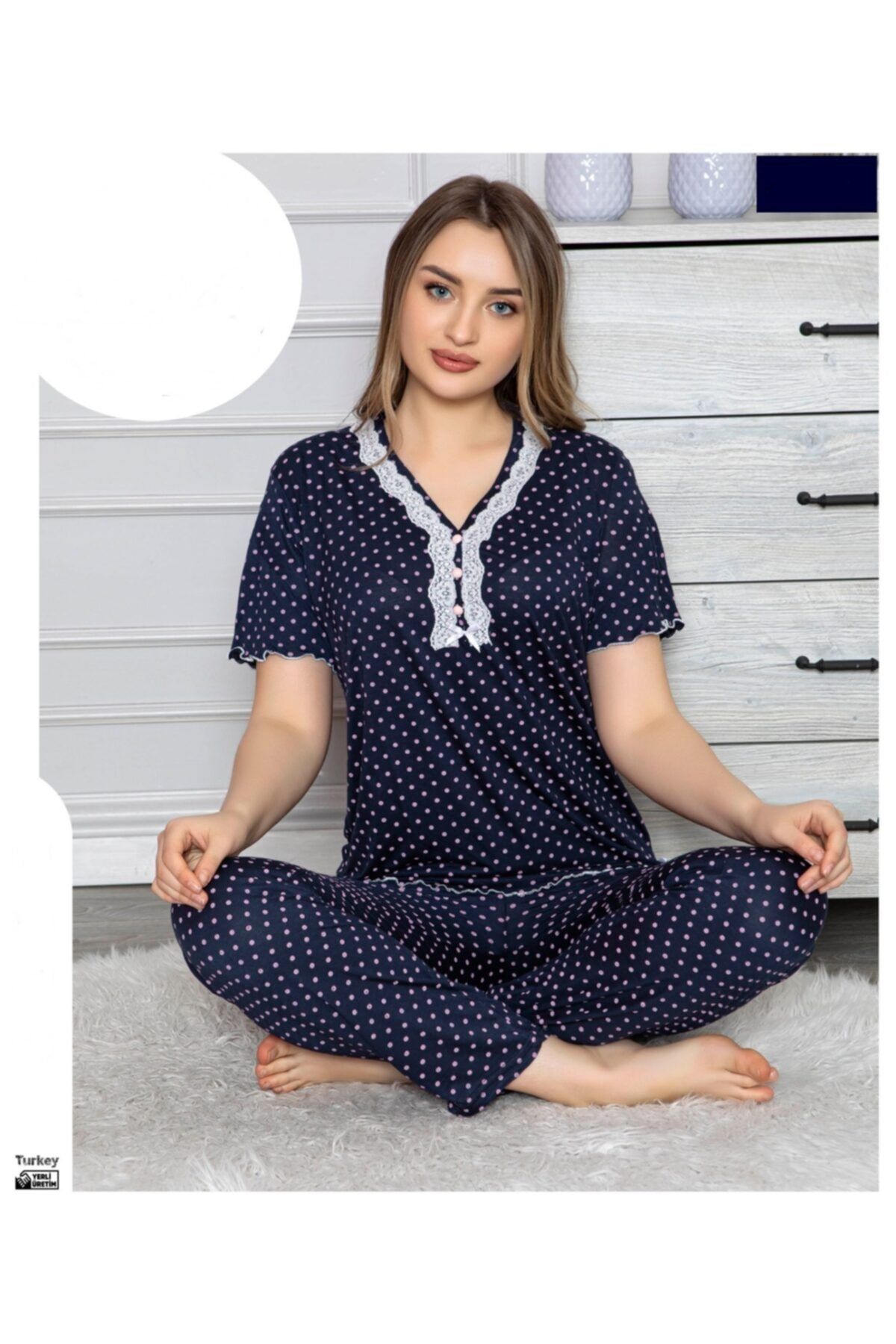 Huq Moda Lacivert Pembe Puantiyeli Pamuklu Viskon Kısa Kol Pijama Takımı