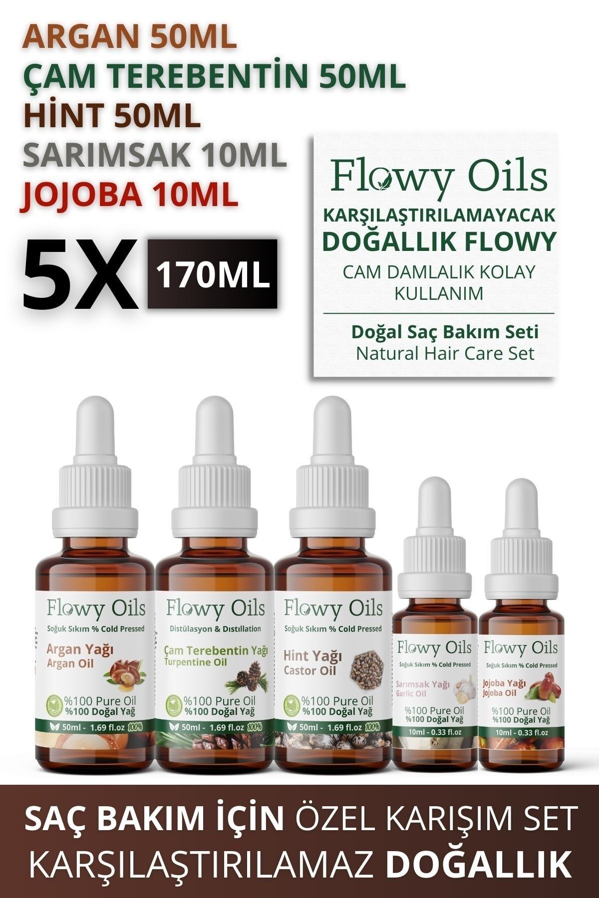 Flowy Oils Saç Bakım Yağı Seti 5'li Argan Yağı, Çam Terebentin Yağı, Hint Yağı, Sarımsak Yağı, Jojoba Yağı 5x