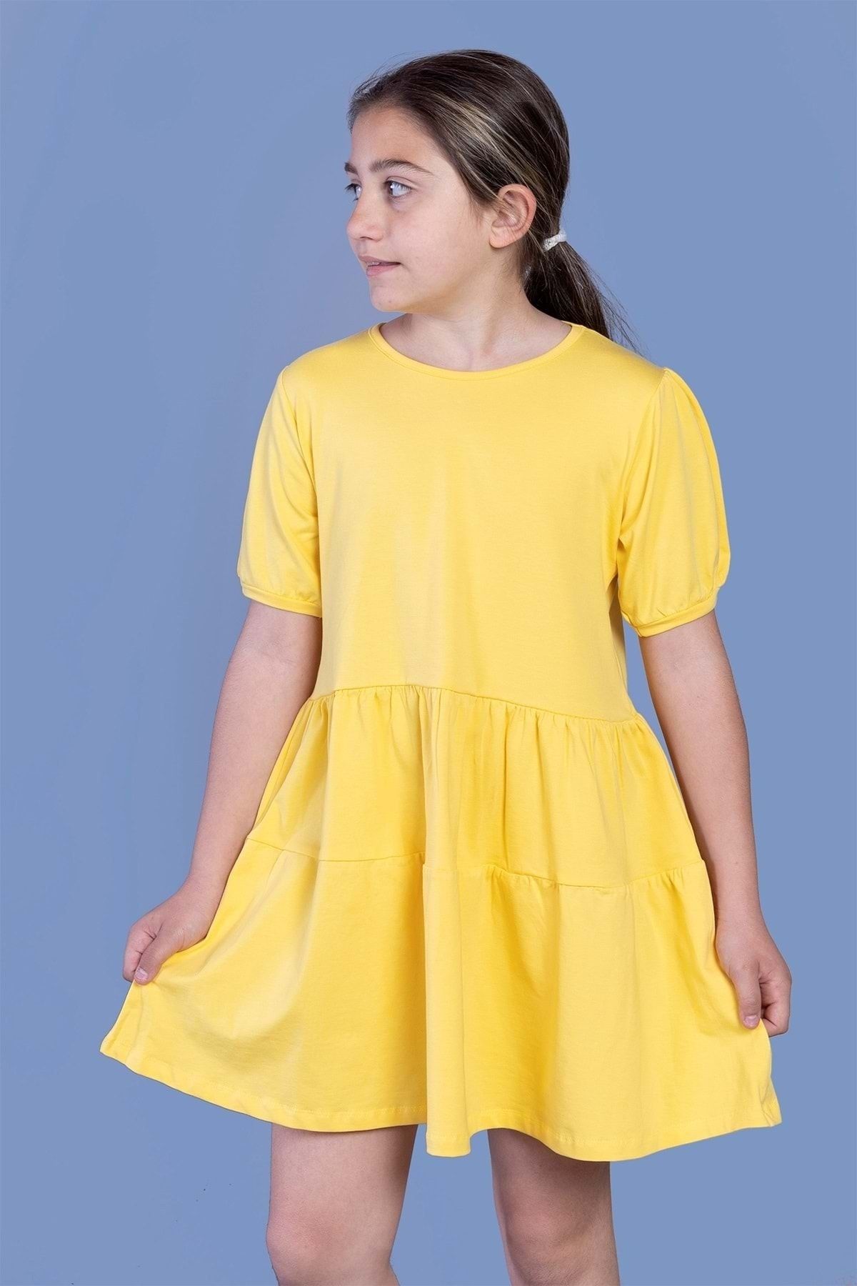 Toontoy Kız Çocuk Sarı Büzgülü Balon Kol Elbise